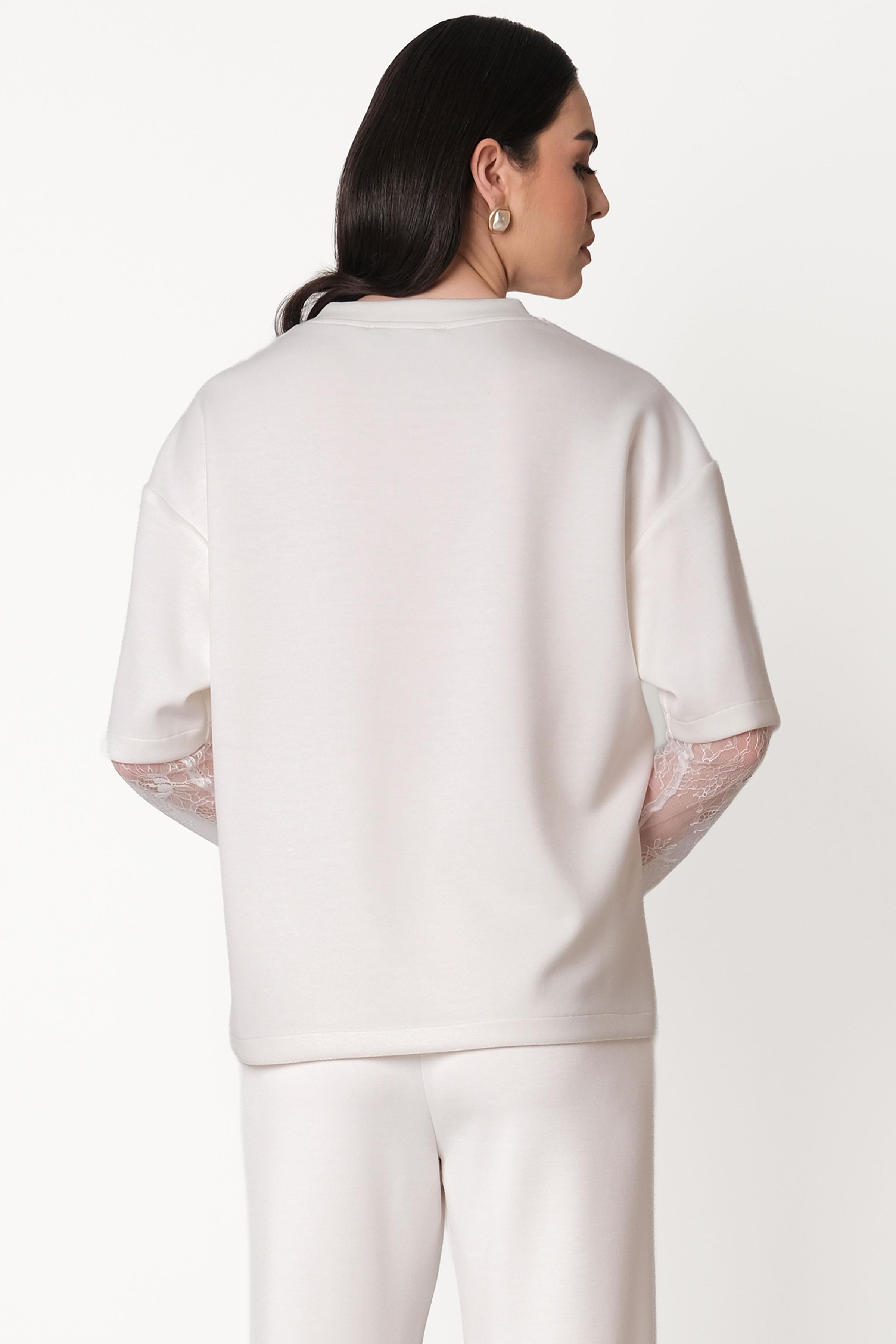 Persilio Bisiklet Yaka Dantel Kol Detaylı Bluz EKRU