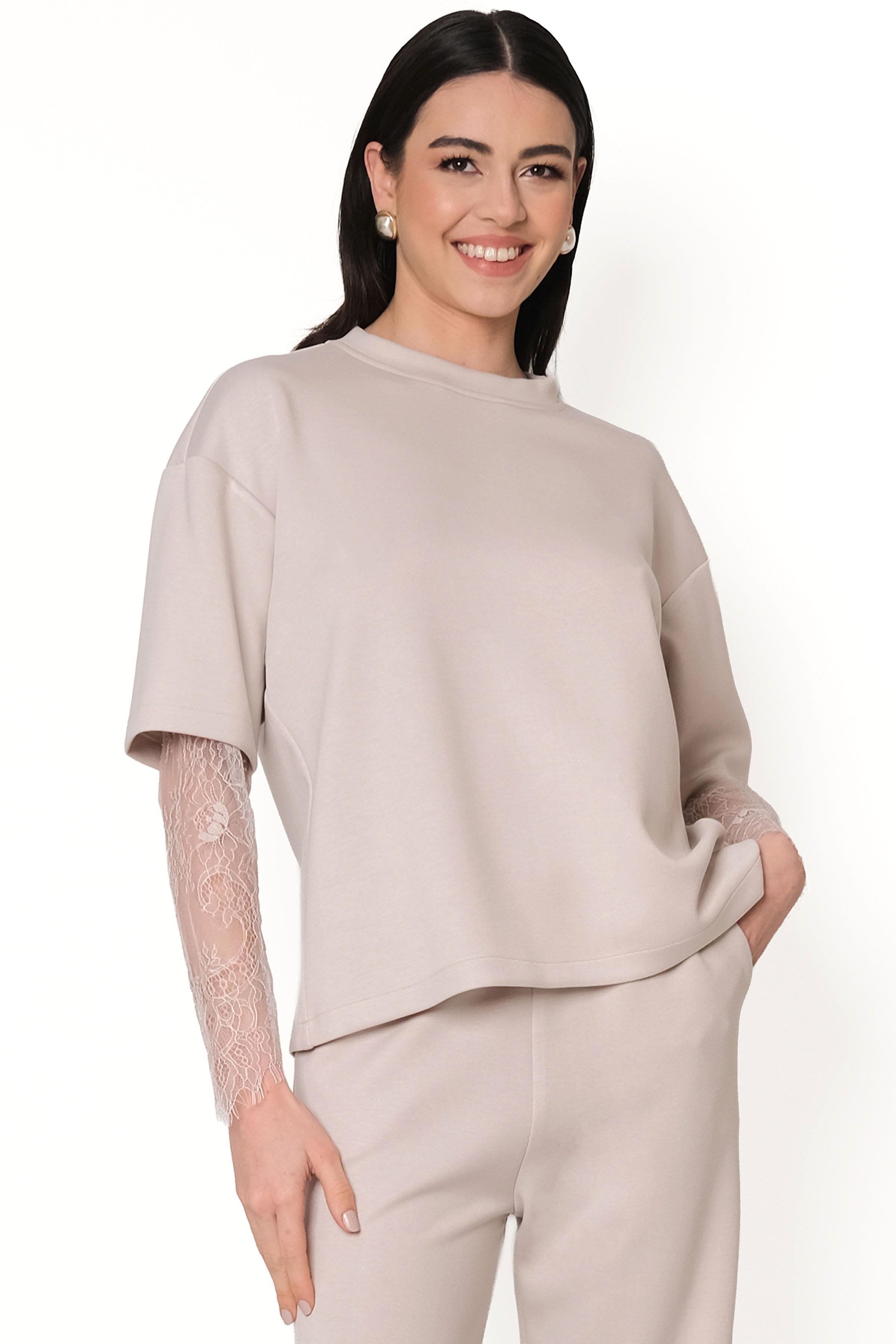 Persilio Bisiklet Yaka Dantel Kol Detaylı Bluz TAŞ