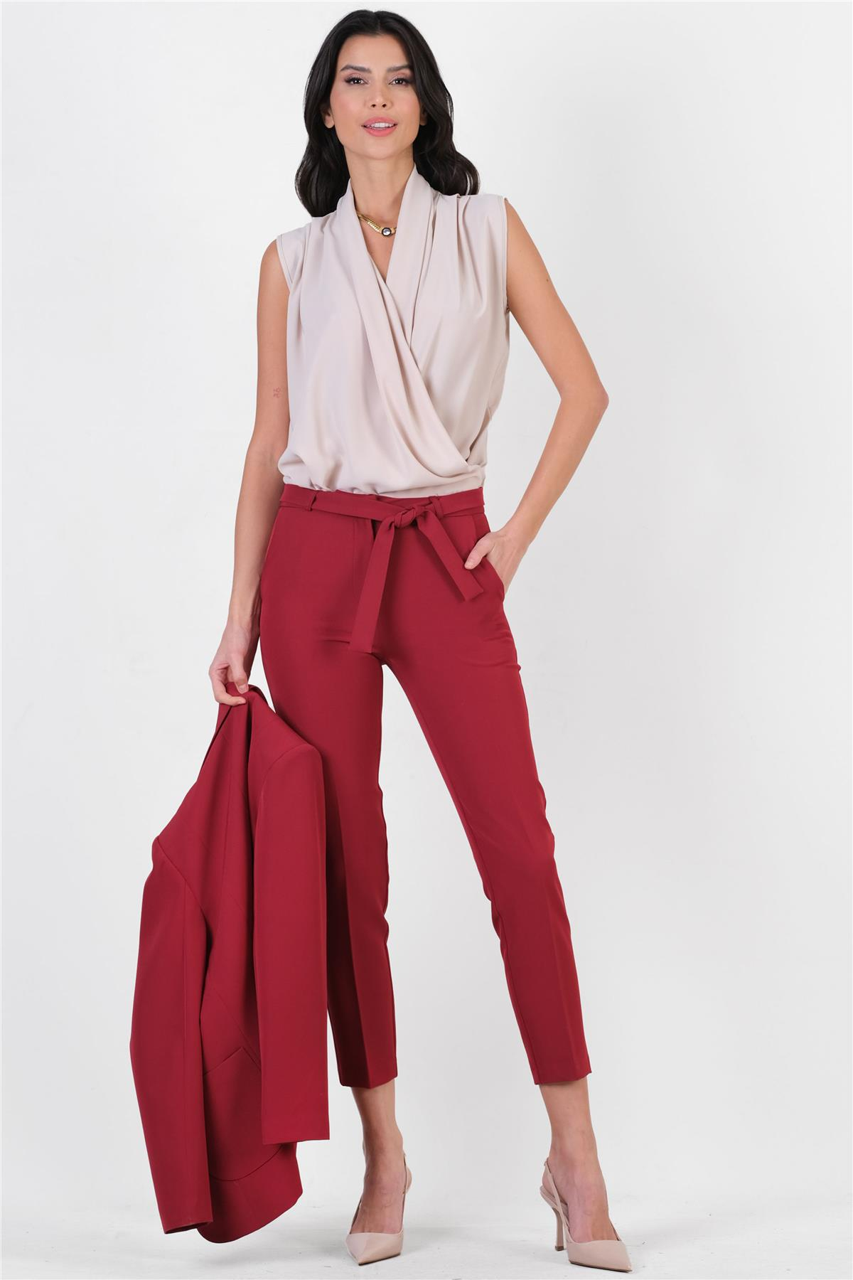 Peters Bel Kuşaklı Dar Paça Pantolon BORDO