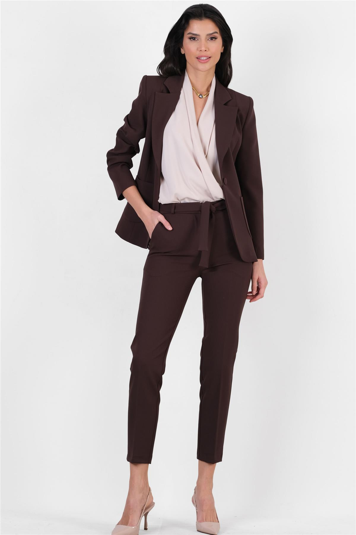 Peters Bel Kuşaklı Dar Paça Pantolon KAHVE