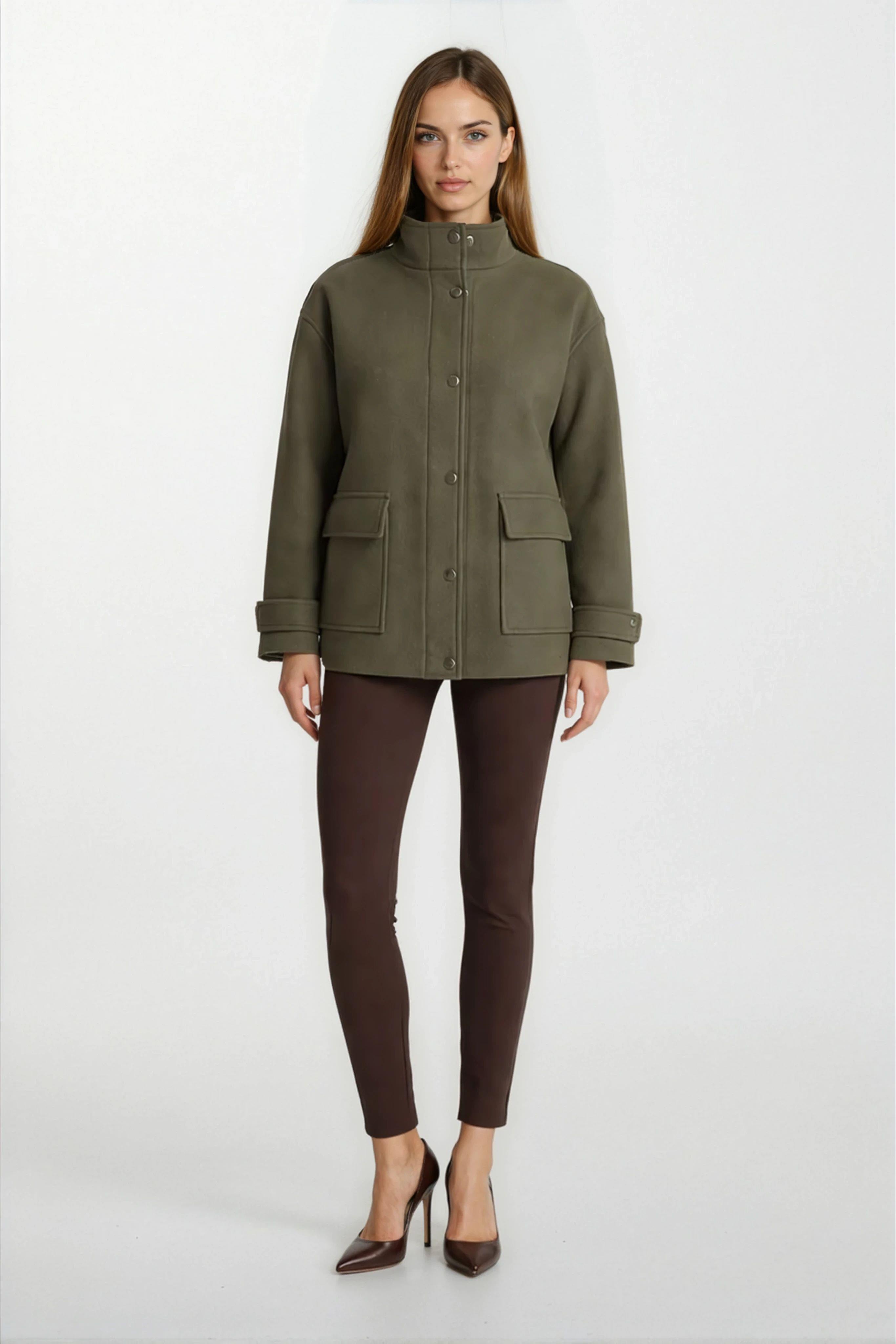 Petunia Dik Yaka Fermuarlı Kapaklı Büyük Cepli Mont HAKİ