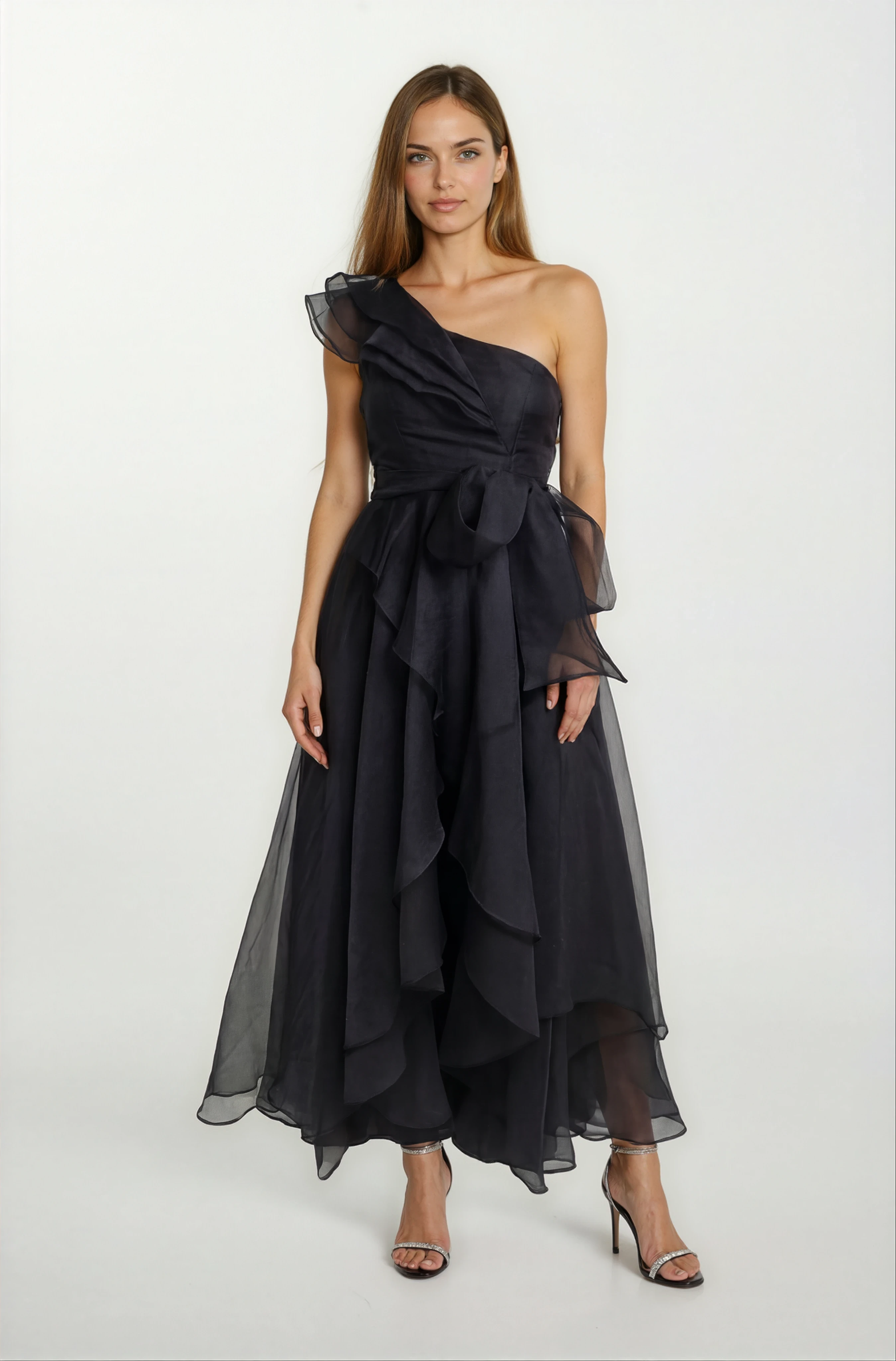 Pierettoi Kayık Yaka Asimetrik Kesim Uzun Abiye Elbise SİYAH