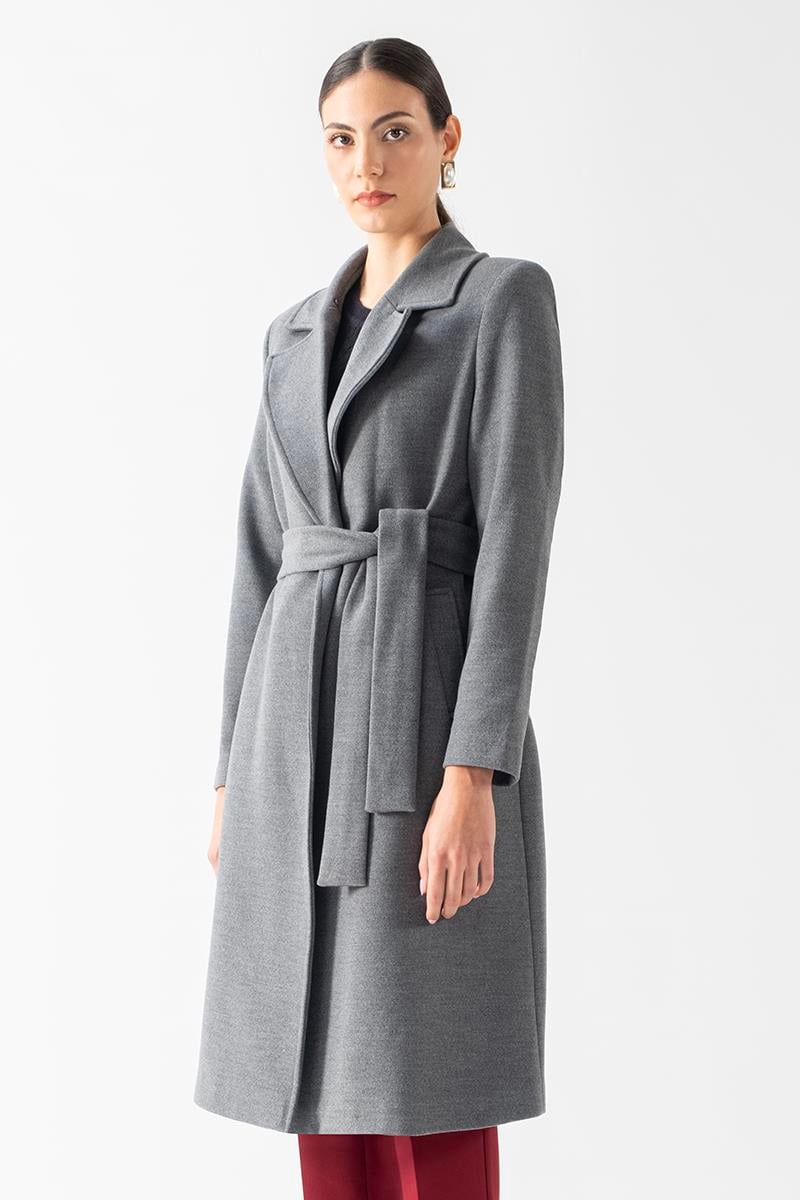 Pivetti Yakası Kürklü Kuşaklı Kaban GRİ