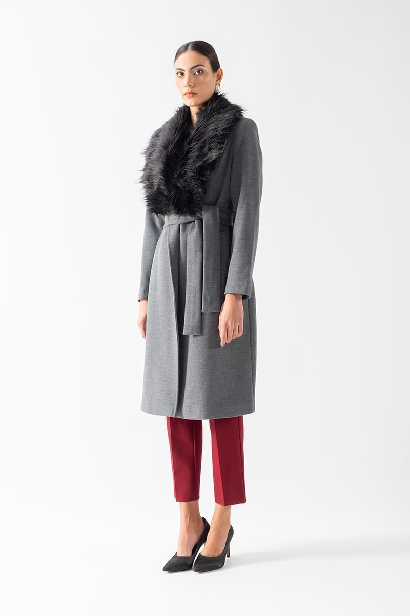Pivetti Yakası Kürklü Kuşaklı Kaban GRİ