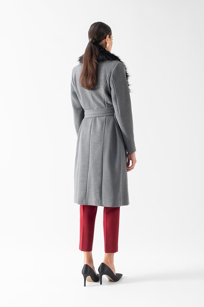 Pivetti Yakası Kürklü Kuşaklı Kaban GRİ