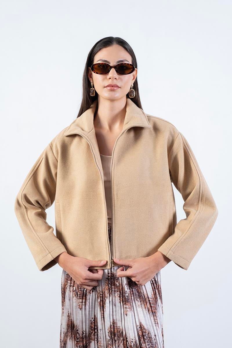 Prosperino Dik Yaka Önden Fermuarlı Mont CAMEL