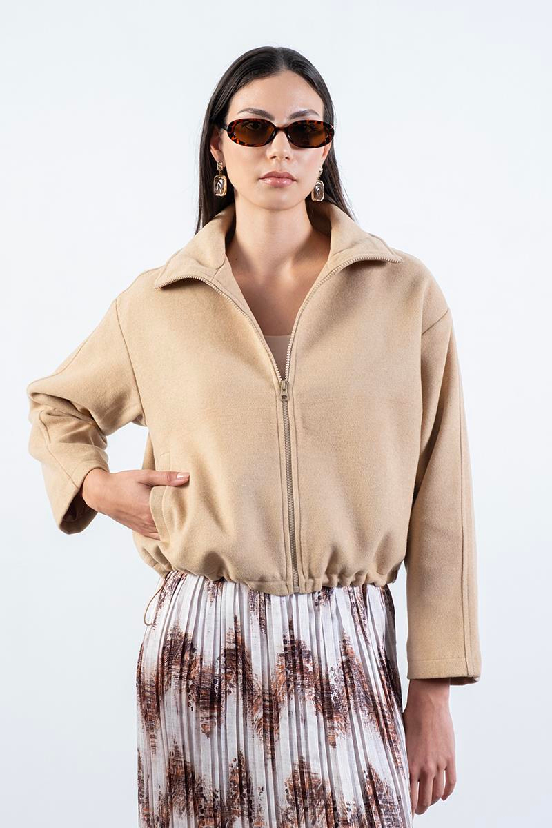 Prosperino Dik Yaka Önden Fermuarlı Mont CAMEL