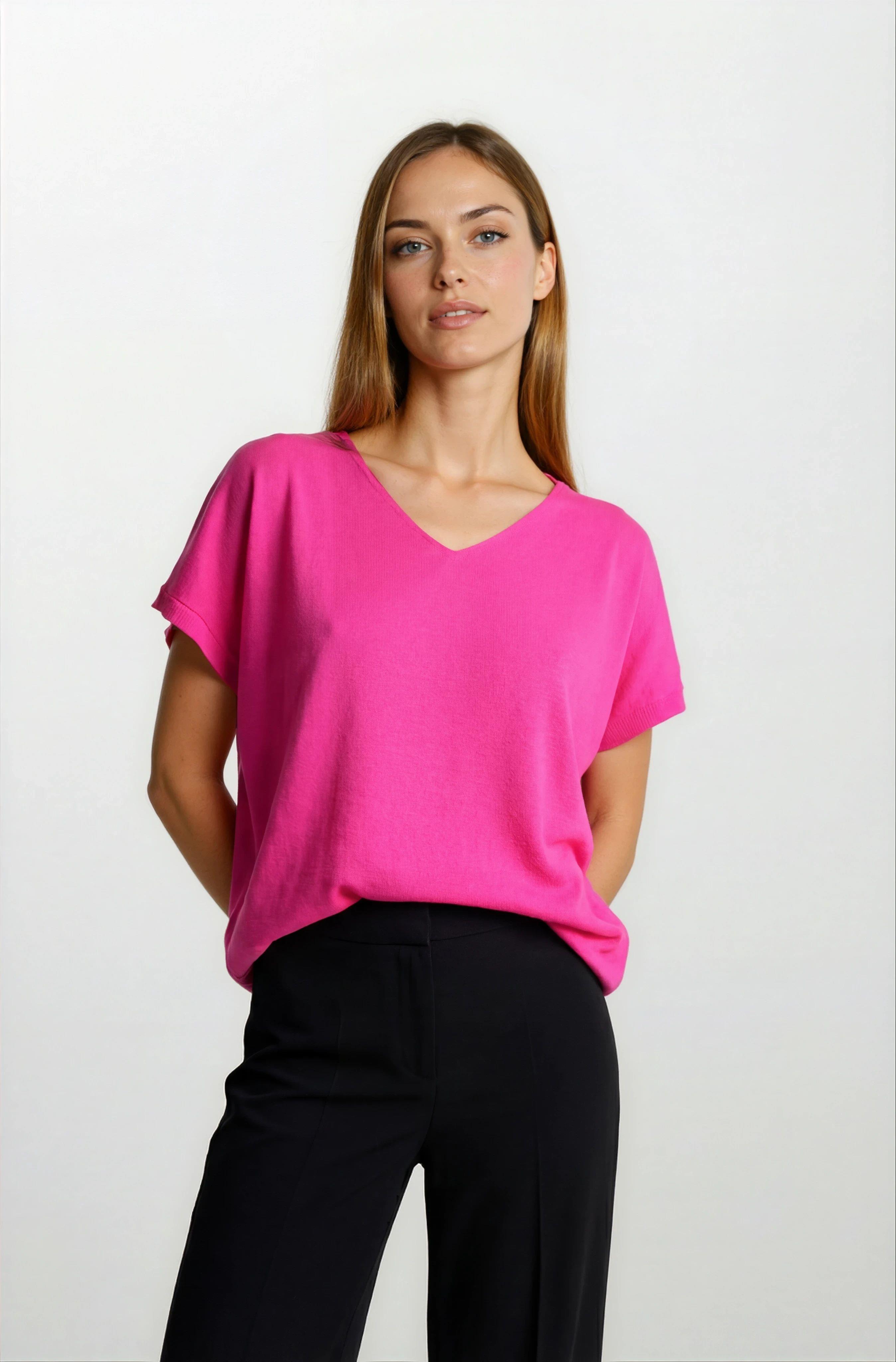 Provido V Yaka Düşük Kol Triko FUŞYA
