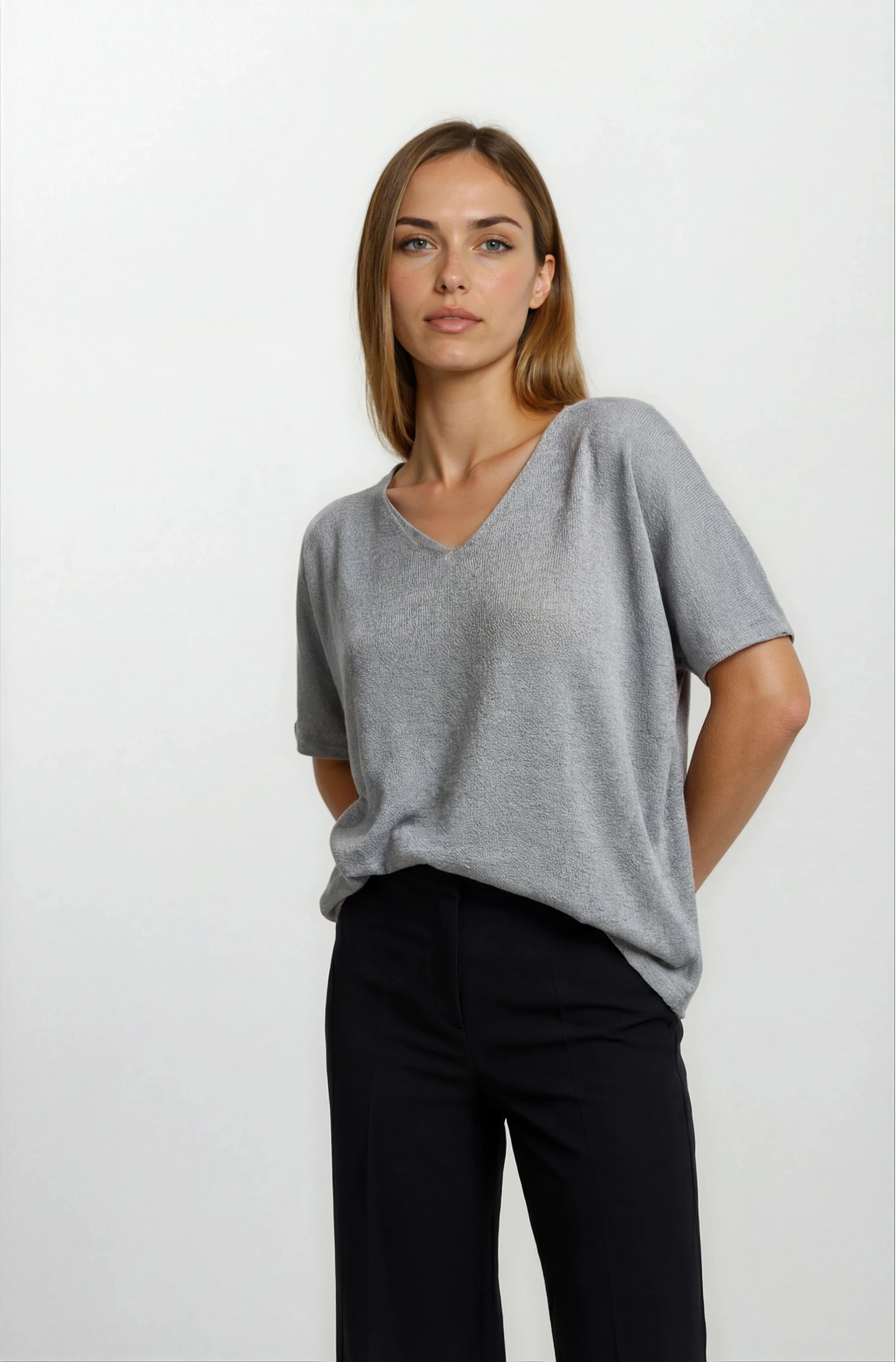 Provido V Yaka Düşük Kol Triko GRİ