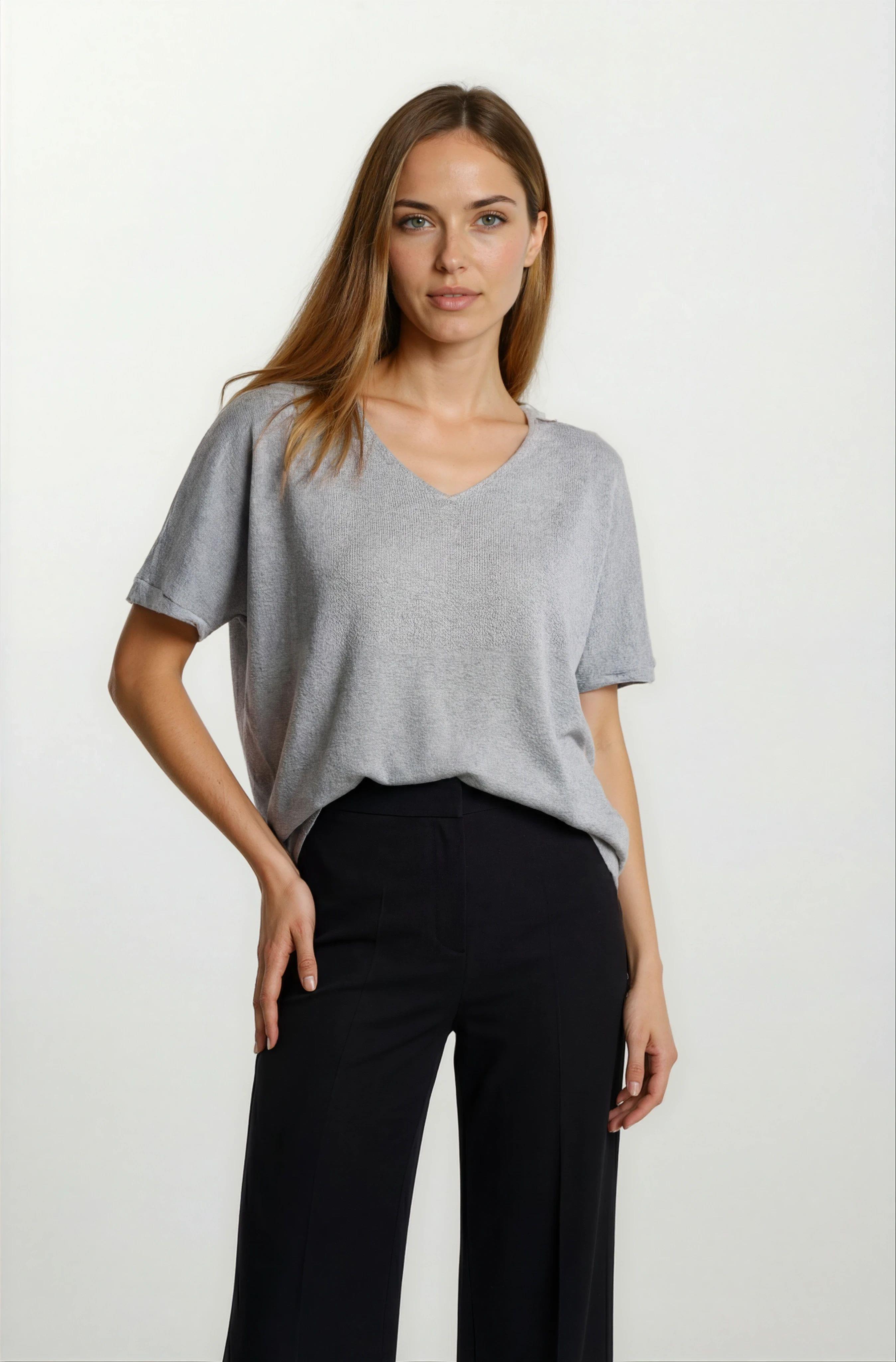 Provido V Yaka Düşük Kol Triko GRİ