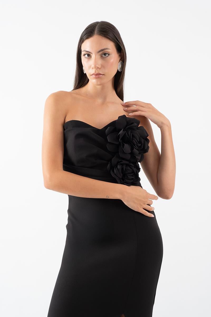 Rabalai  Kalp Yaka Straplez Göğüs Drapeli Büyük Çiçek Detaylı Kısa Abiye Elbise SİYAH