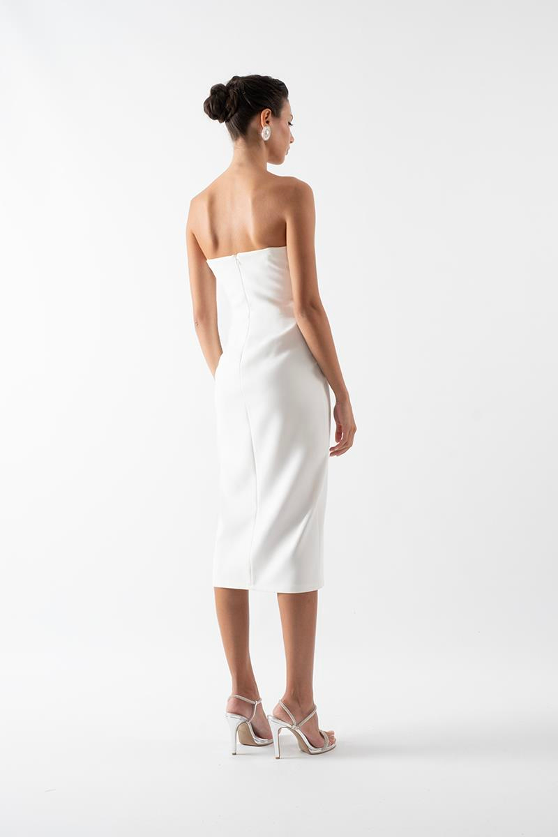 Rabalai  Kalp Yaka Straplez Göğüs Drapeli Büyük Çiçek Detaylı Kısa Abiye Elbise EKRU