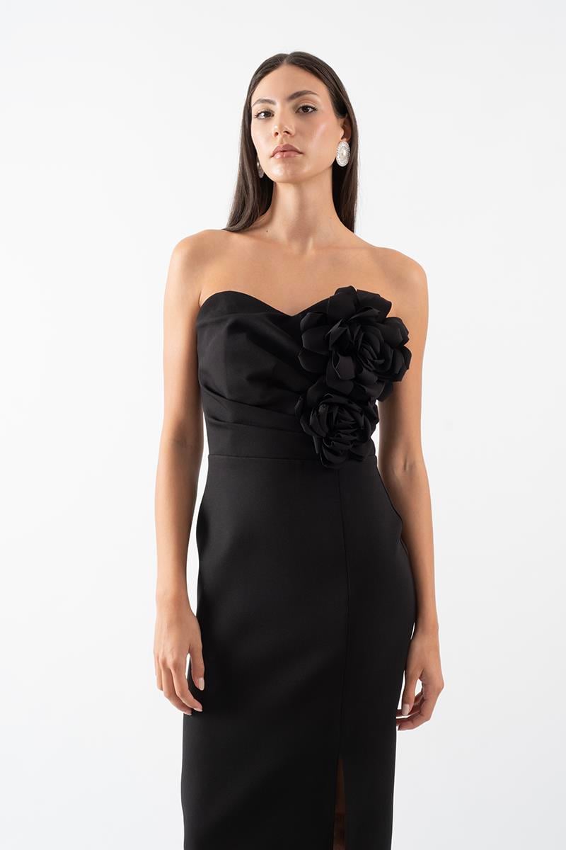 Rabalai  Kalp Yaka Straplez Göğüs Drapeli Büyük Çiçek Detaylı Kısa Abiye Elbise SİYAH