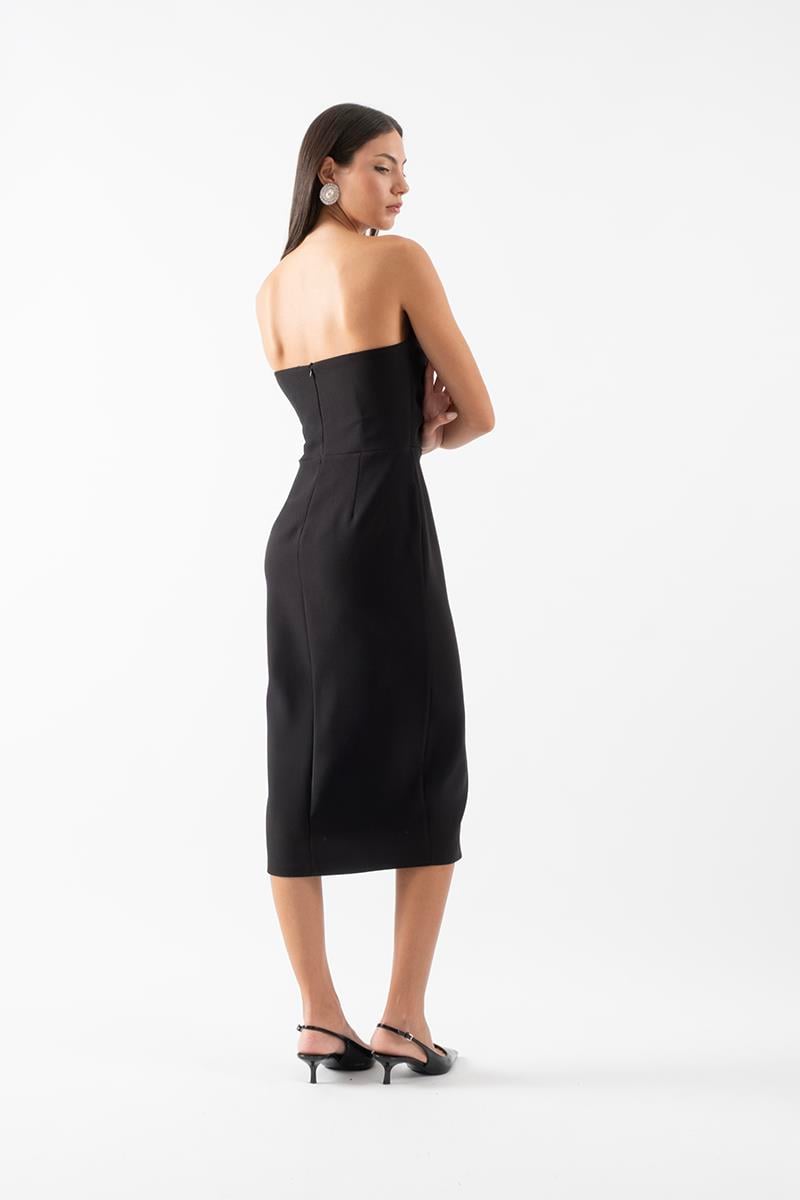 Rabalai  Kalp Yaka Straplez Göğüs Drapeli Büyük Çiçek Detaylı Kısa Abiye Elbise SİYAH