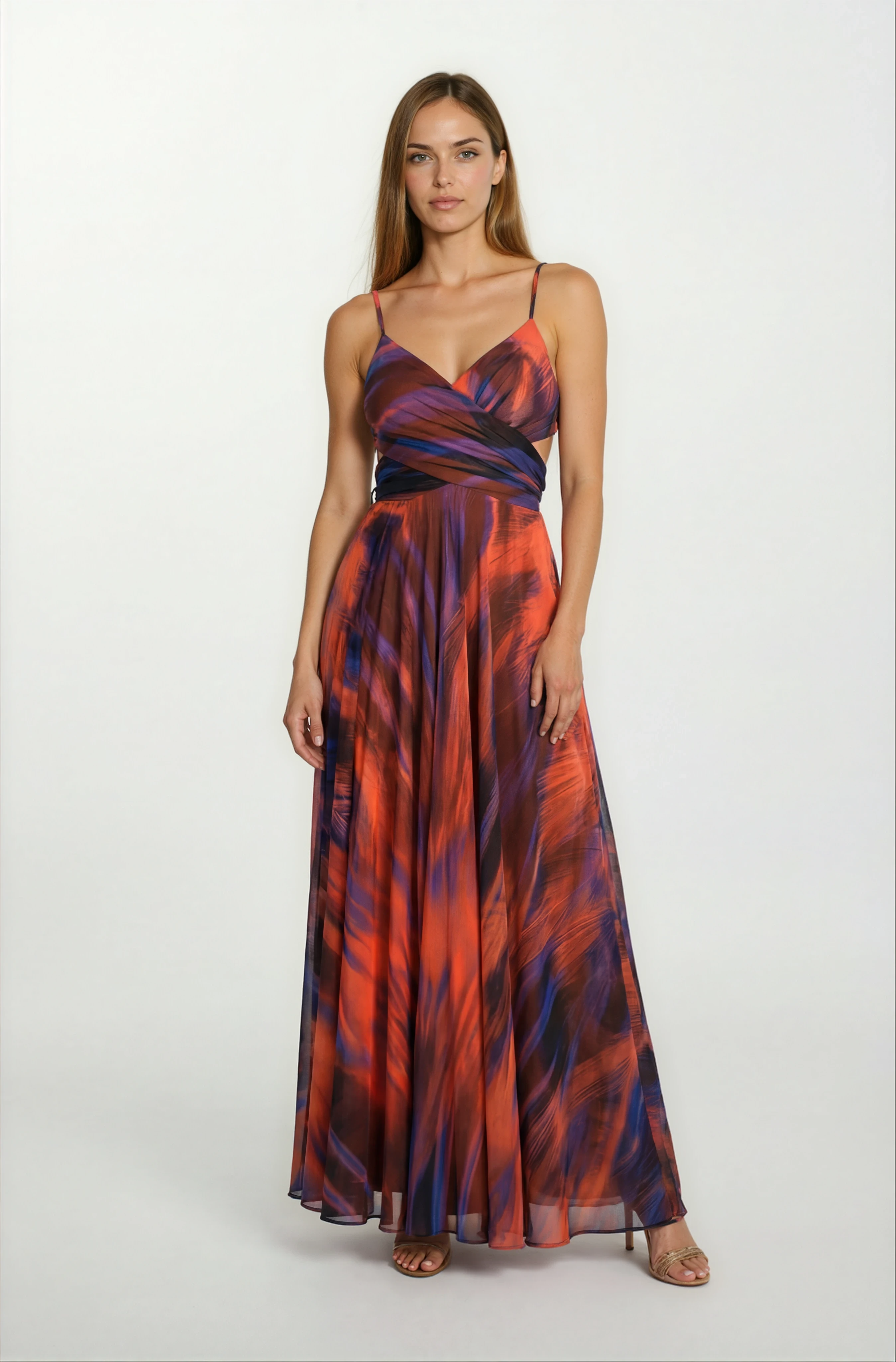 Raccosta V Yaka Yırtmaçlı Bel Yanlar Açık Uzun Abiye Elbise ORANJ