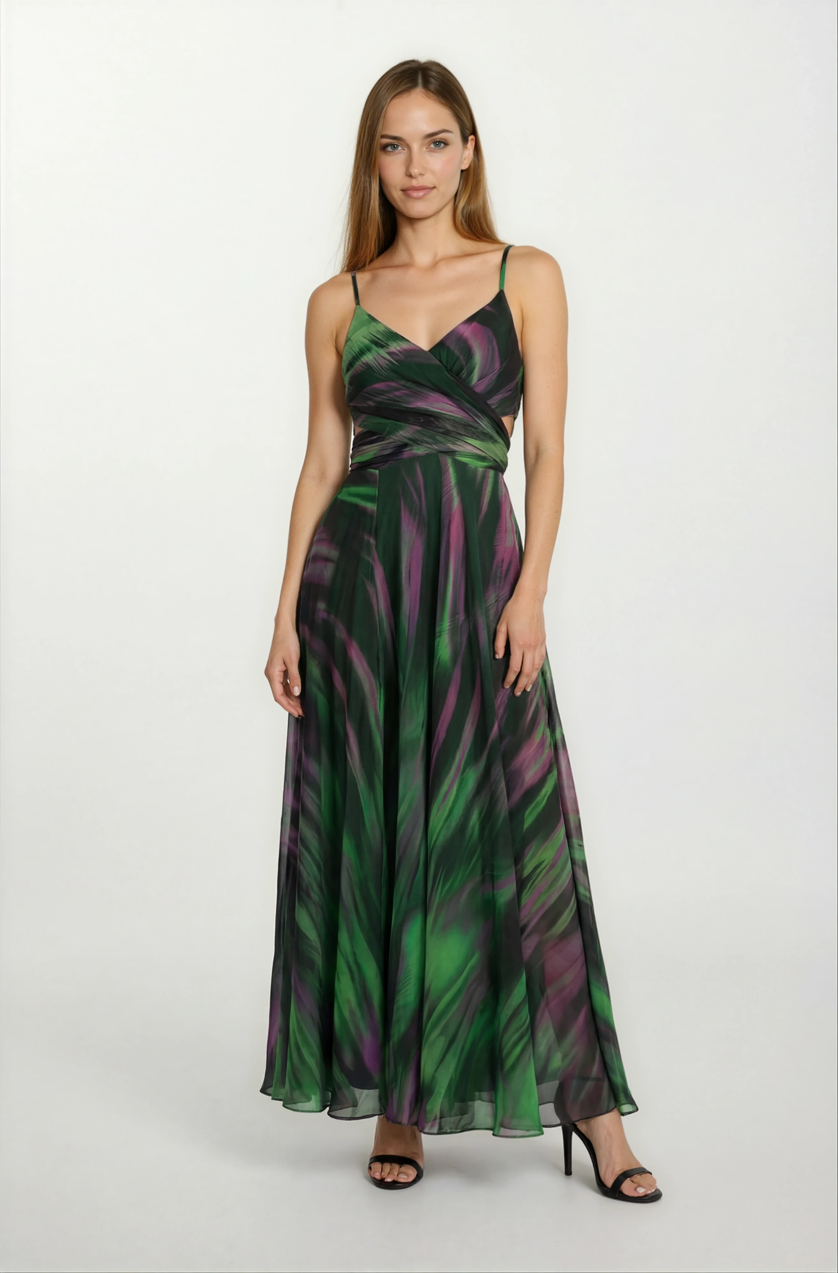 Raccosta V Yaka Yırtmaçlı Bel Yanlar Açık Uzun Abiye Elbise YEŞİL