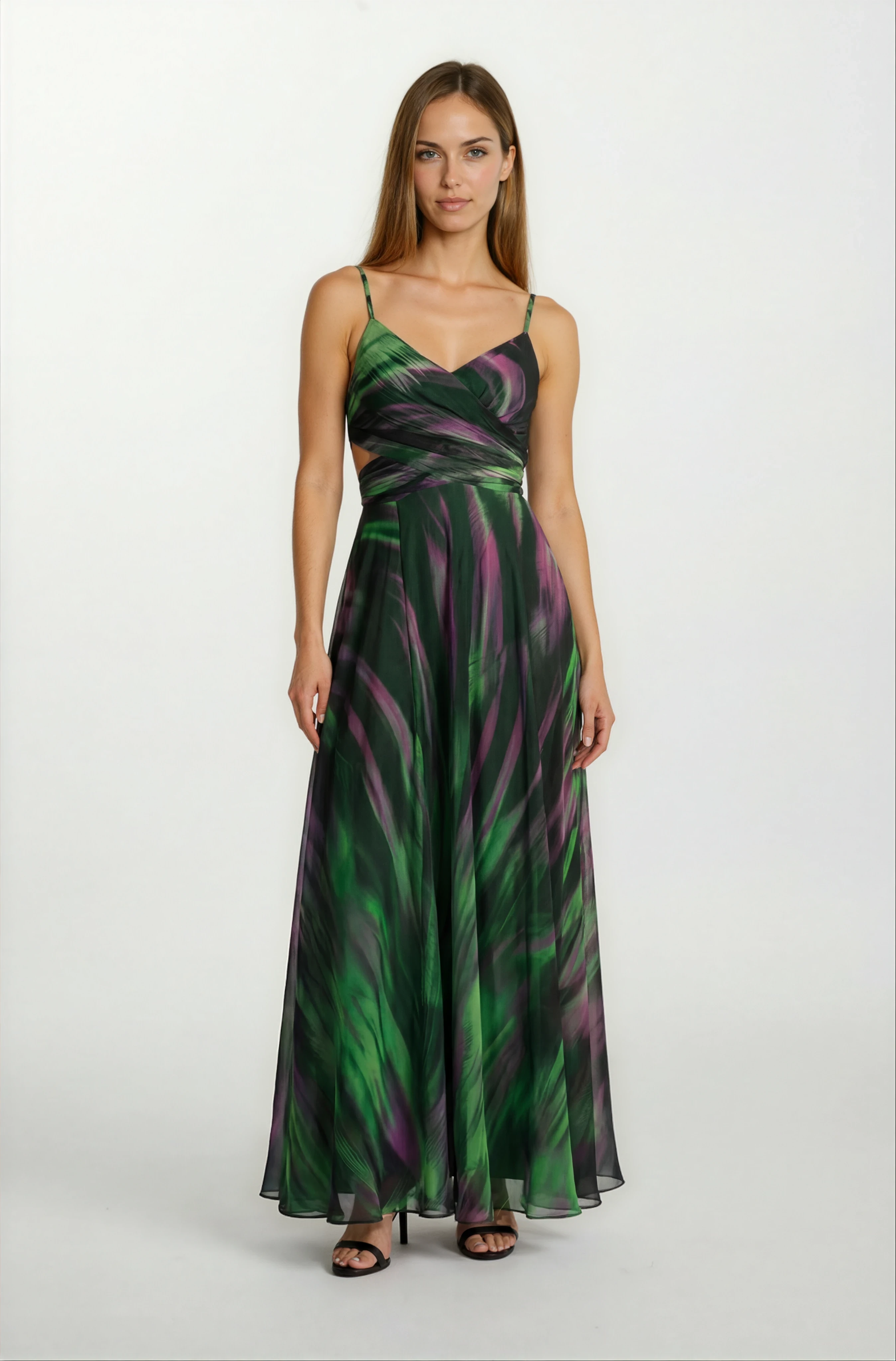 Raccosta V Yaka Yırtmaçlı Bel Yanlar Açık Uzun Abiye Elbise YEŞİL