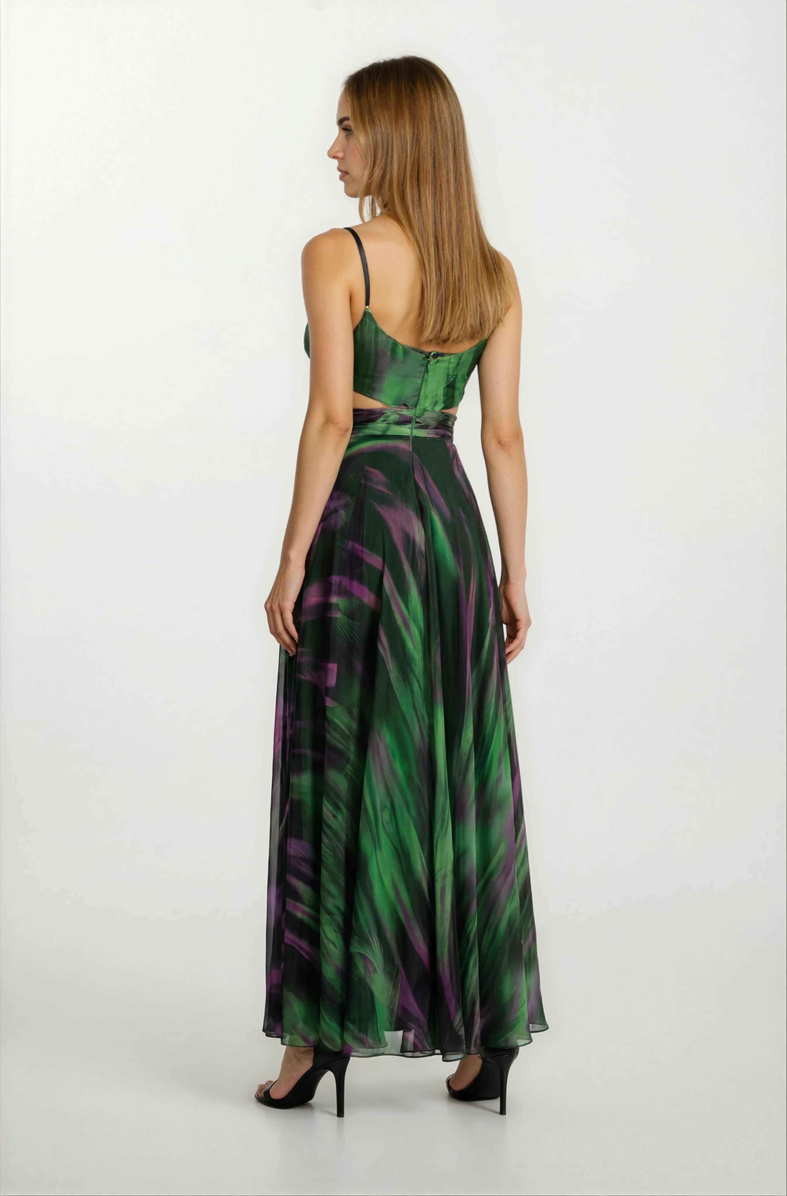 Raccosta V Yaka Yırtmaçlı Bel Yanlar Açık Uzun Abiye Elbise YEŞİL