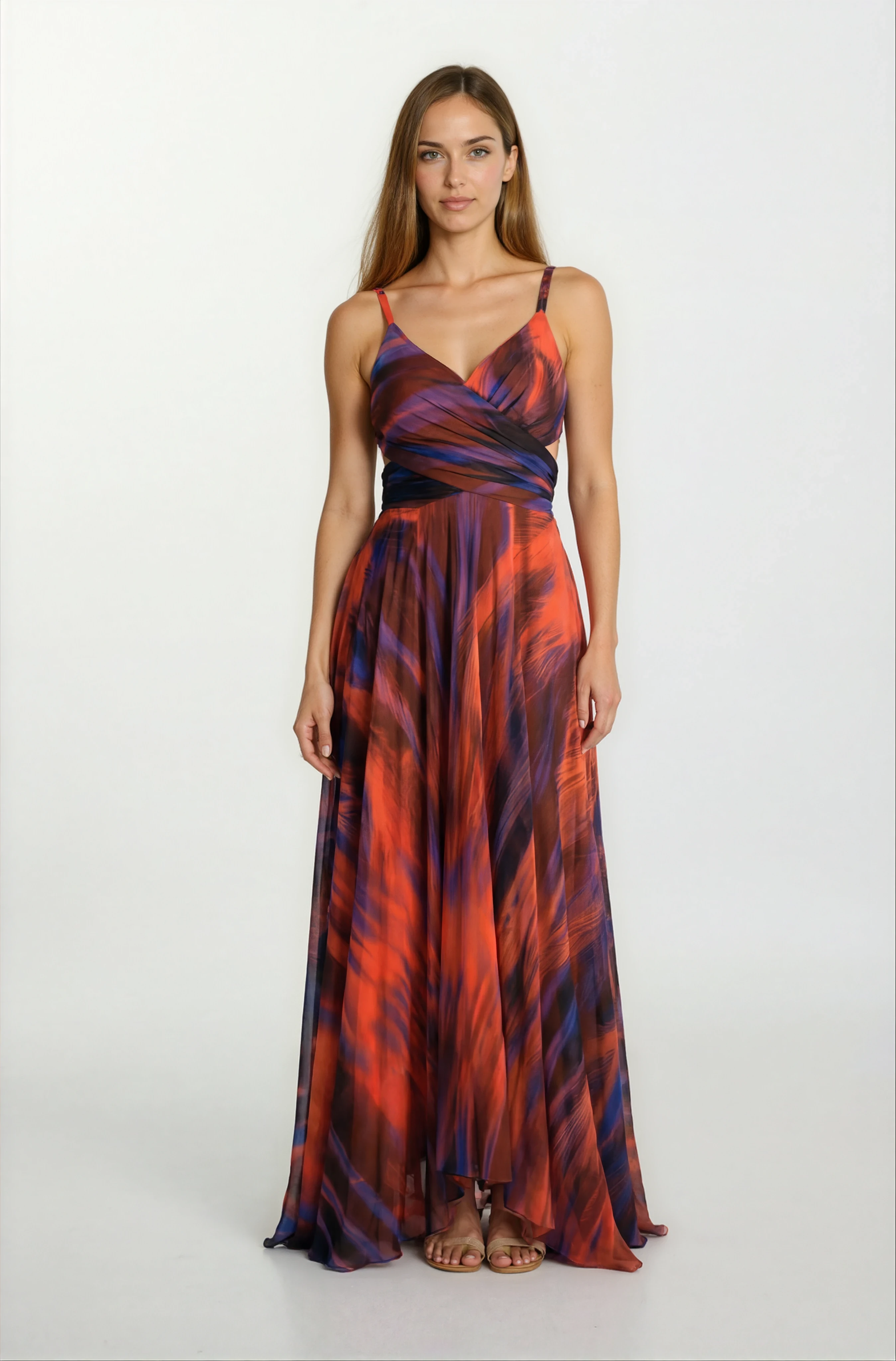 Raccosta V Yaka Yırtmaçlı Bel Yanlar Açık Uzun Abiye Elbise ORANJ