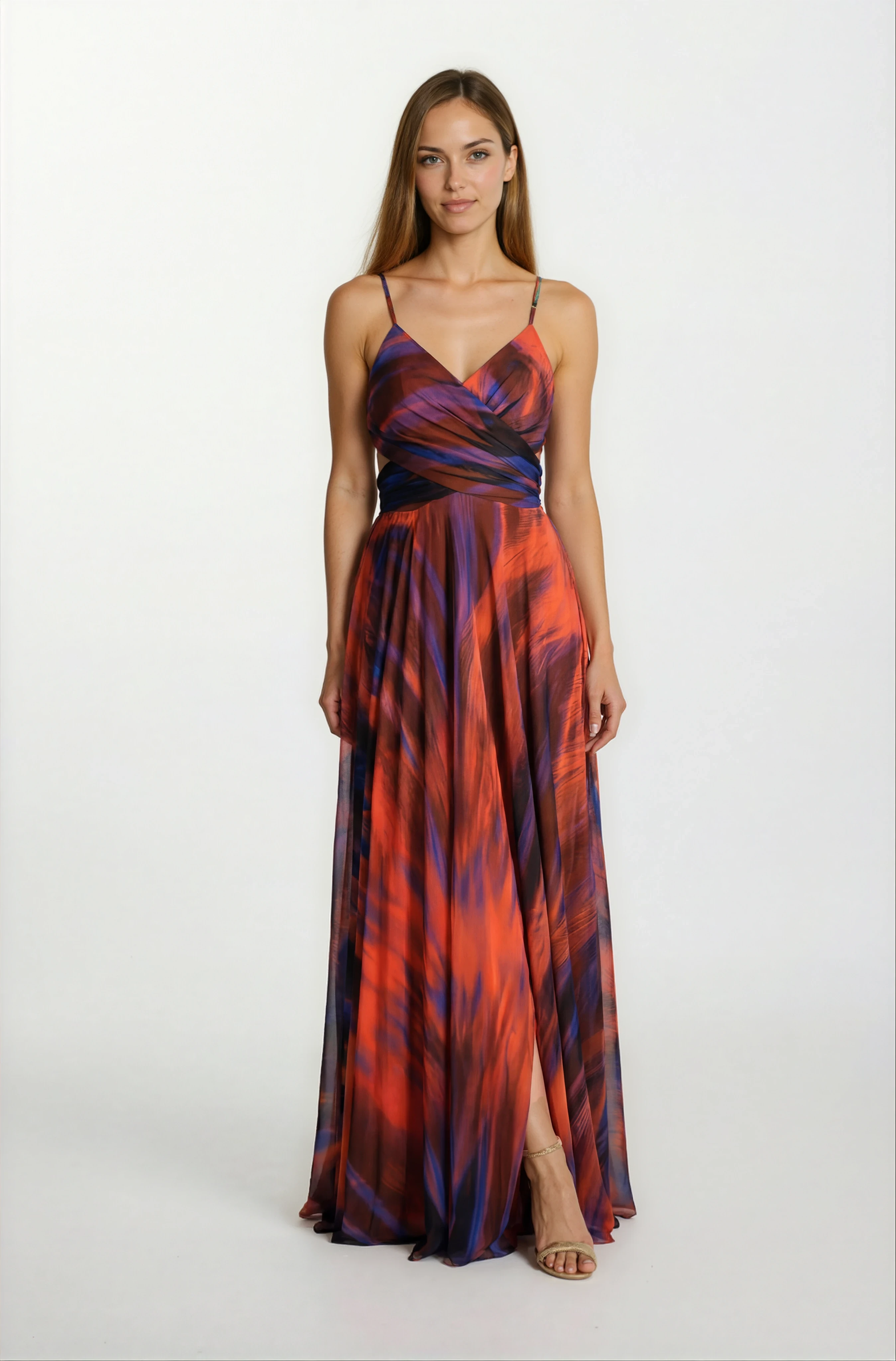 Raccosta V Yaka Yırtmaçlı Bel Yanlar Açık Uzun Abiye Elbise ORANJ