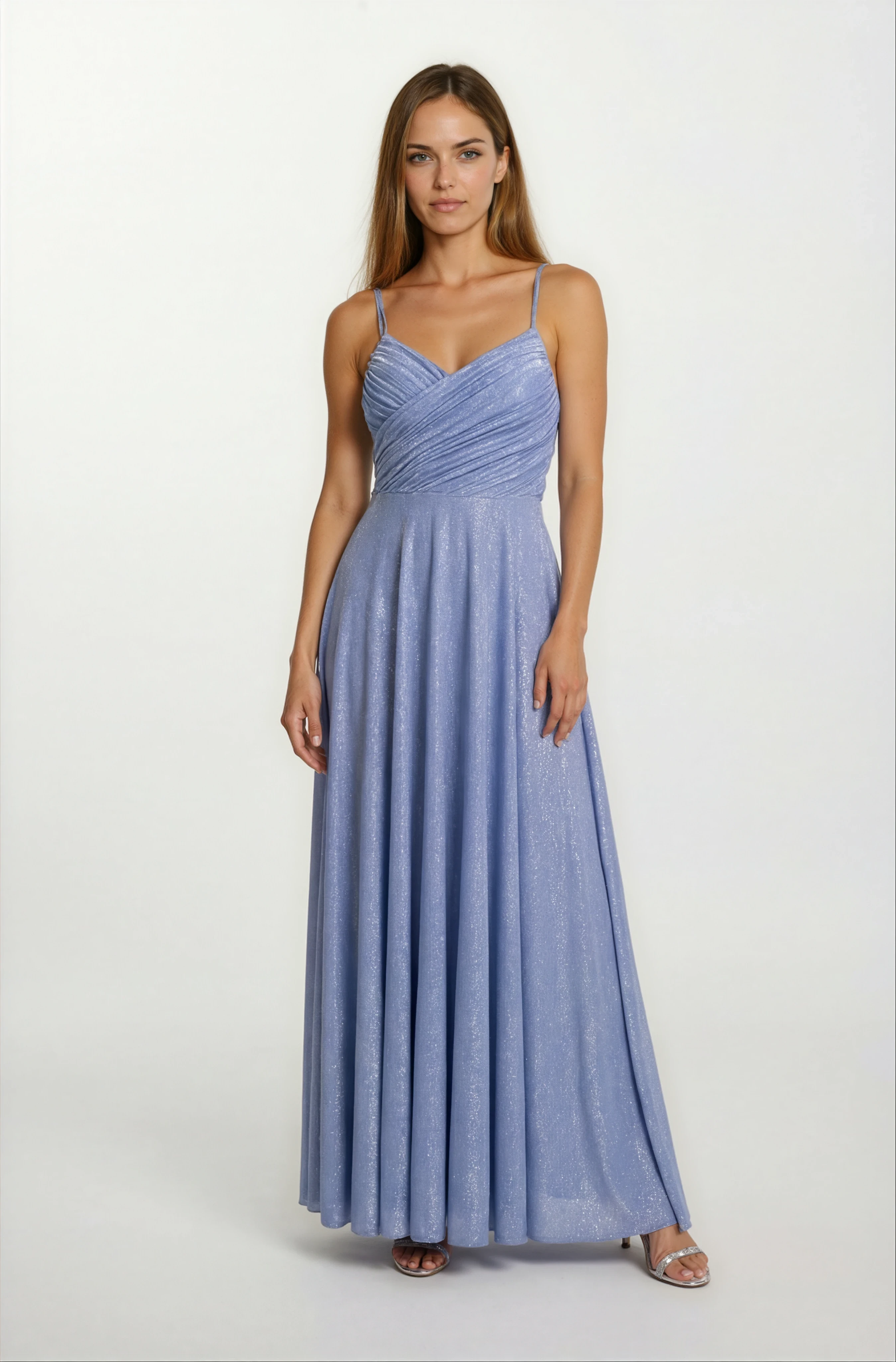 Rachelı İnce Askılı Sırt Çarpraz Bağlamalı Beli Açık Simli Yırtmaçlı Uzun Abiye Elbise MAVİ