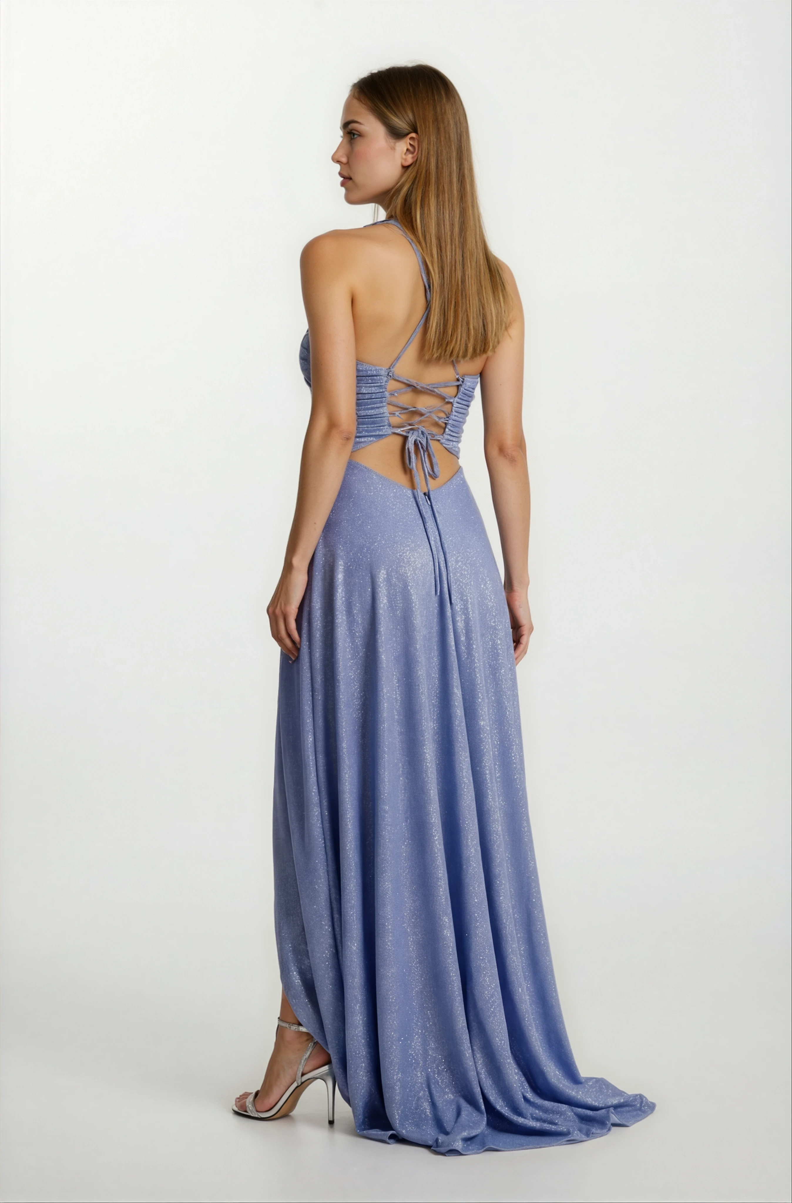 Rachelı İnce Askılı Sırt Çarpraz Bağlamalı Beli Açık Simli Yırtmaçlı Uzun Abiye Elbise MAVİ