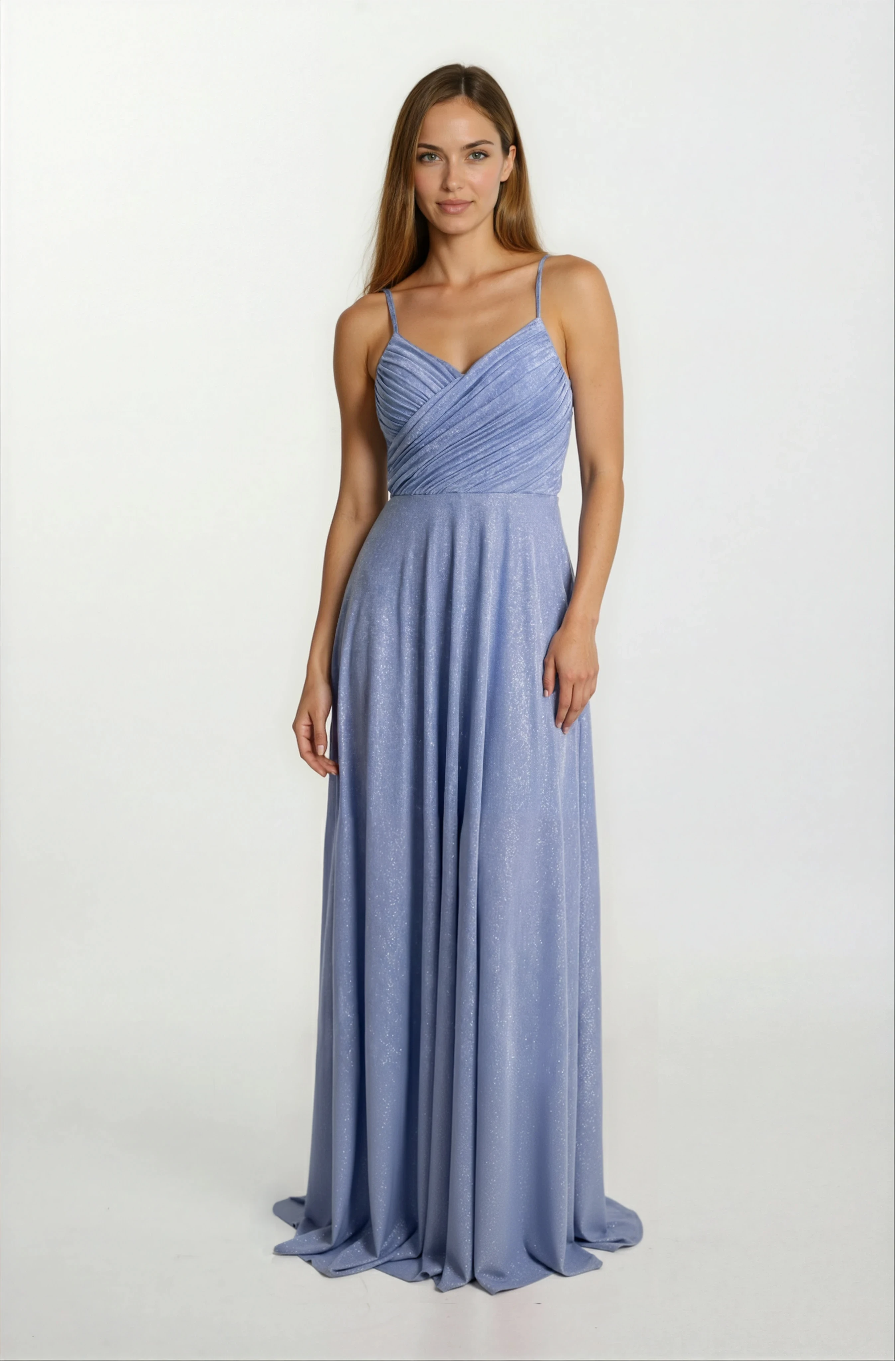 Rachelı İnce Askılı Sırt Çarpraz Bağlamalı Beli Açık Simli Yırtmaçlı Uzun Abiye Elbise MAVİ