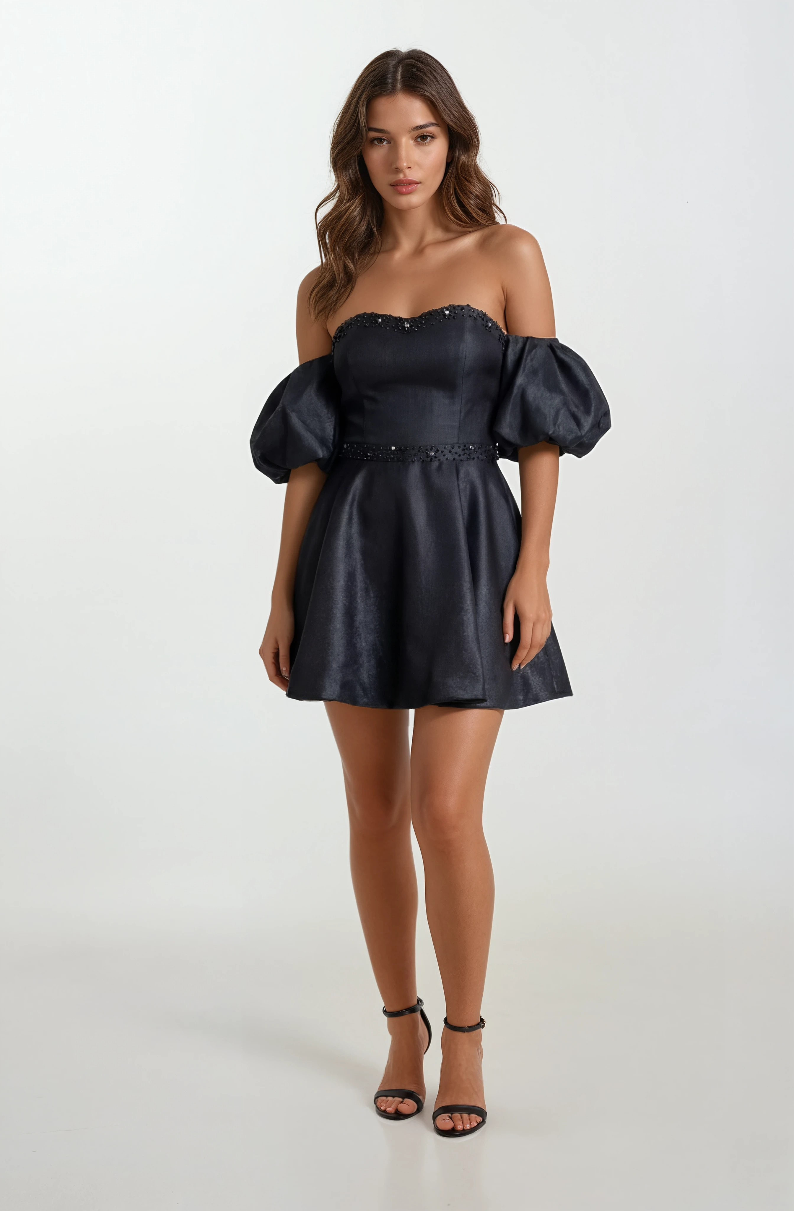 Rahmerı Straplez Kalp Yaka  Balon Kol Kısa Abiye Elbise SİYAH