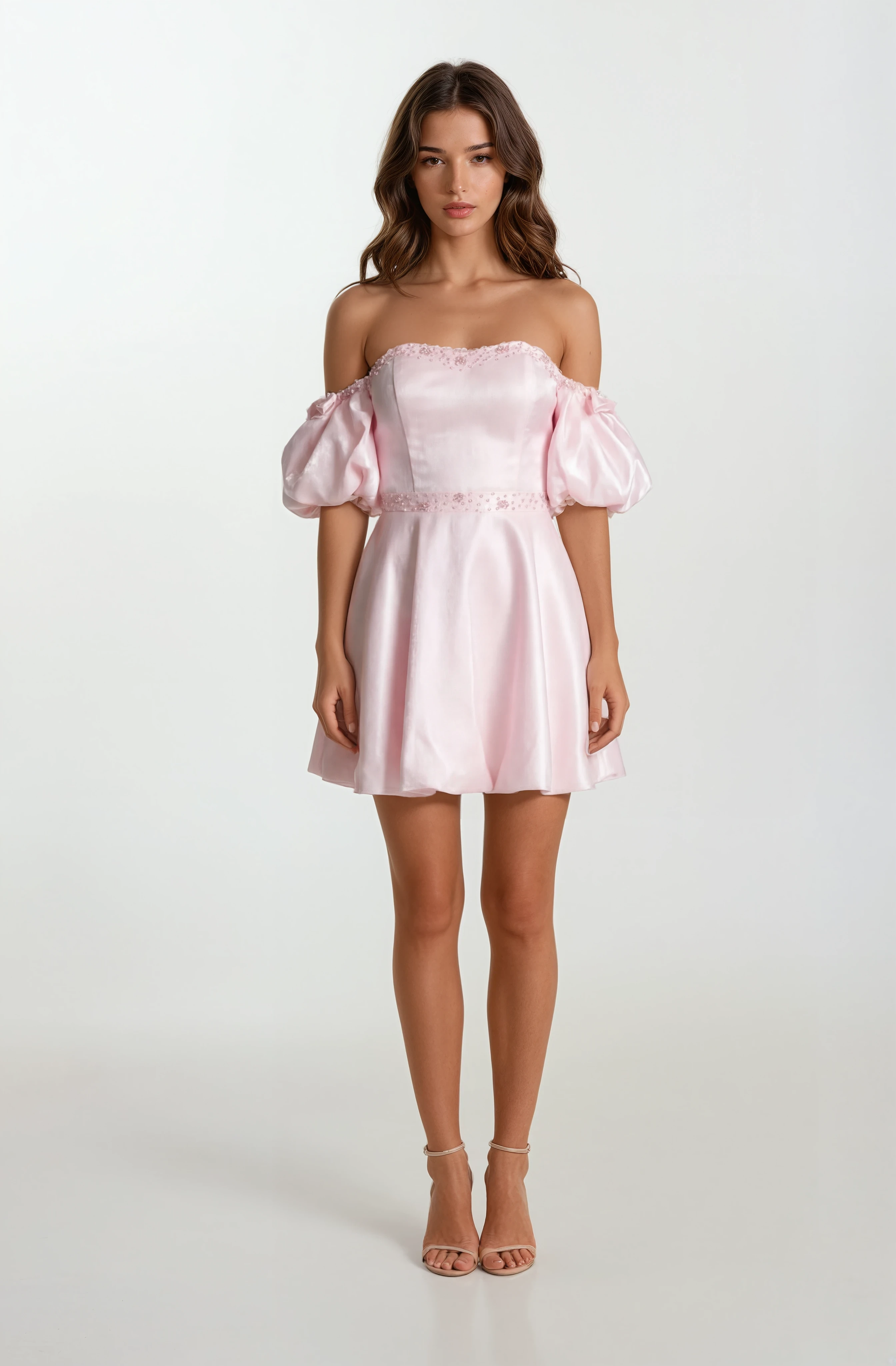 Rahmerı Straplez Kalp Yaka  Balon Kol Kısa Abiye Elbise PEMBE