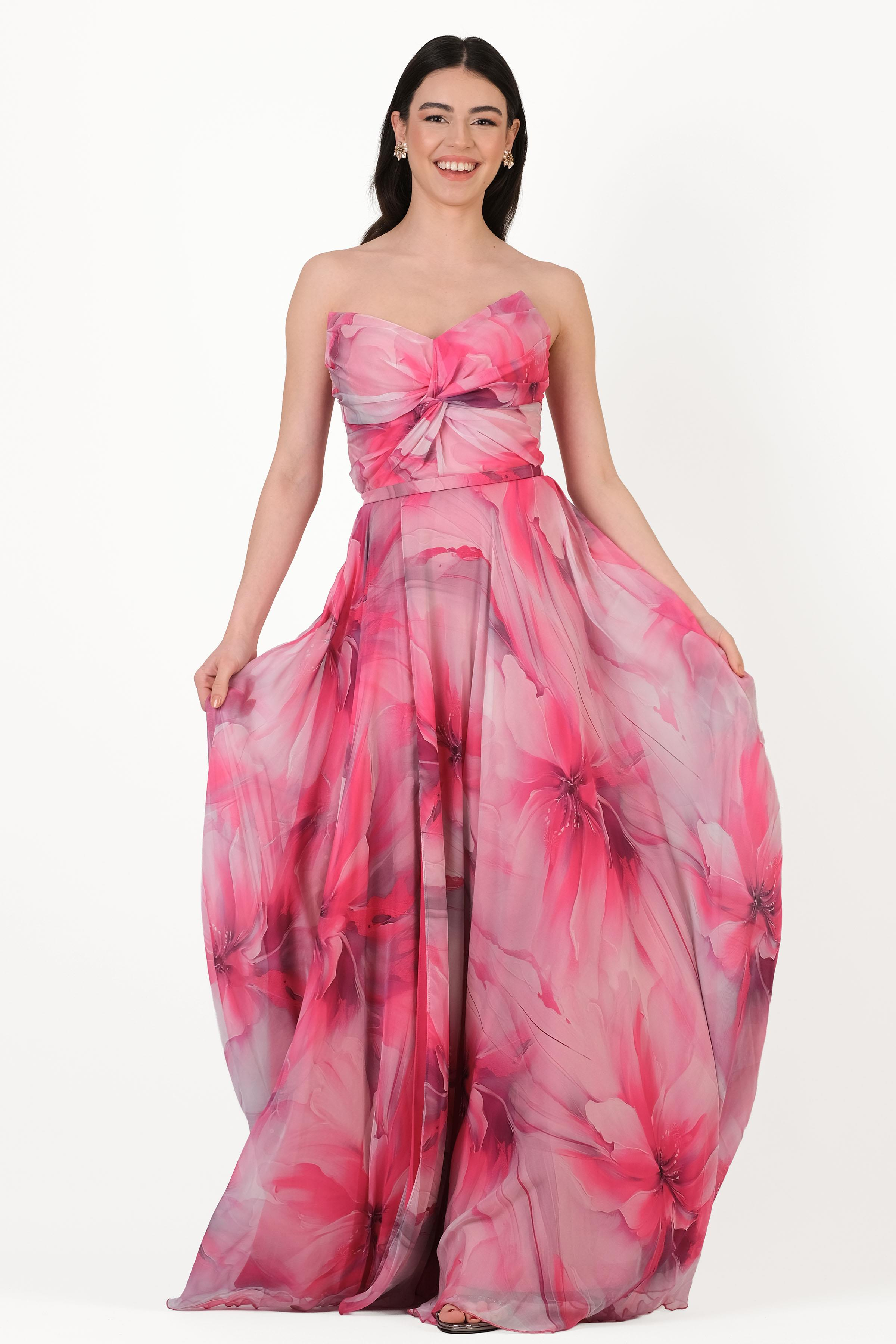 Randone Kedi Kulağı Straplez Önü Düğimlü Yırtmaçlı Uzun Abiye Elbise FUŞYA