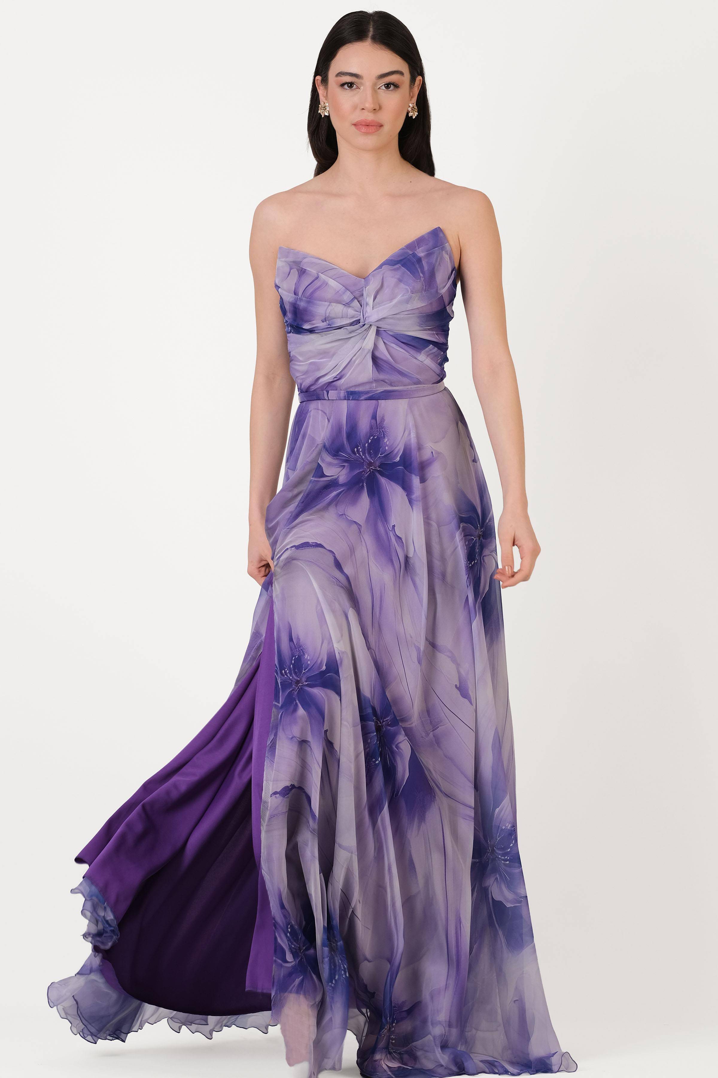 Randone Kedi Kulağı Straplez Önü Düğimlü Yırtmaçlı Uzun Abiye Elbise MOR