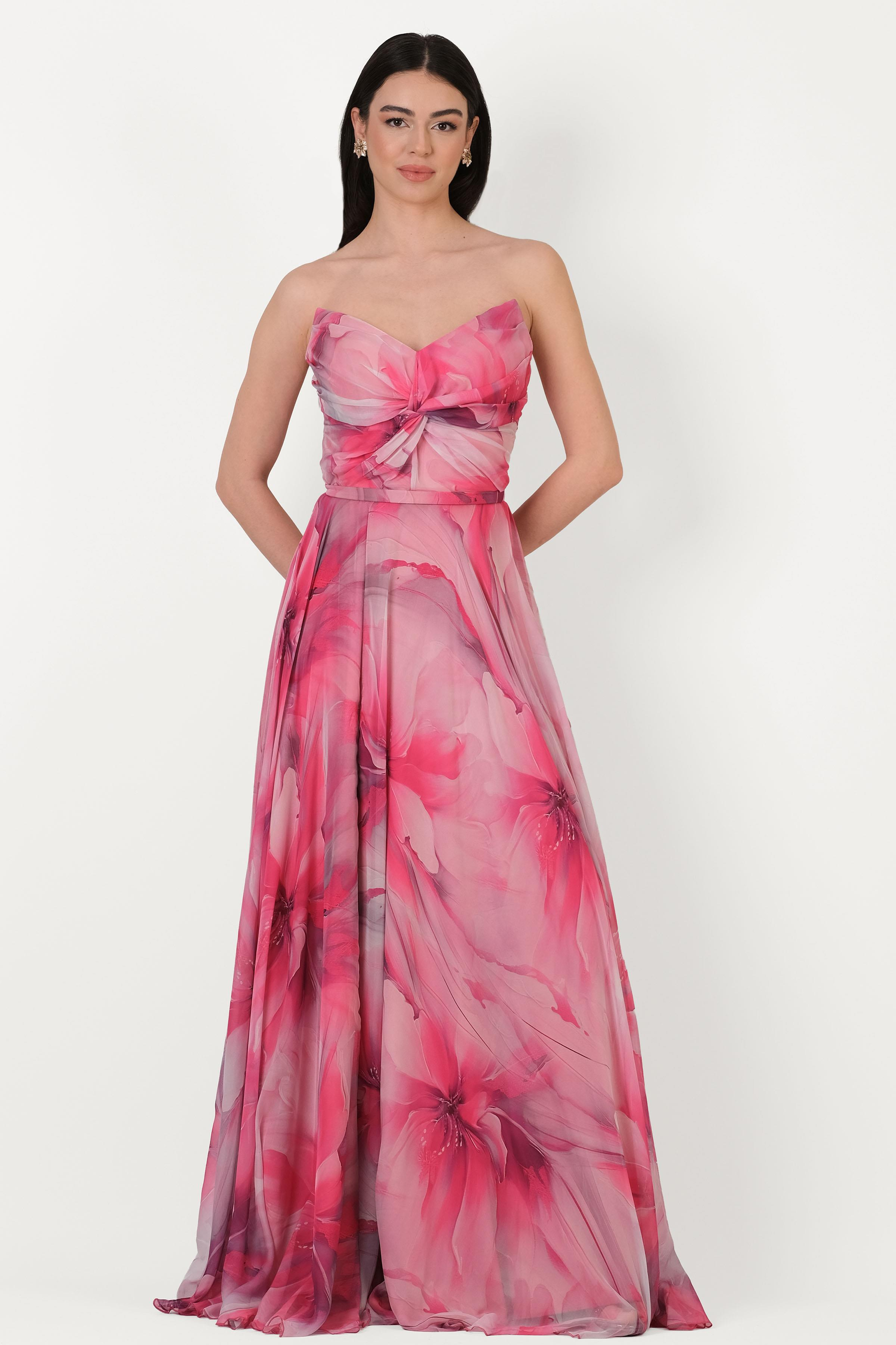 Randone Kedi Kulağı Straplez Önü Düğimlü Yırtmaçlı Uzun Abiye Elbise FUŞYA