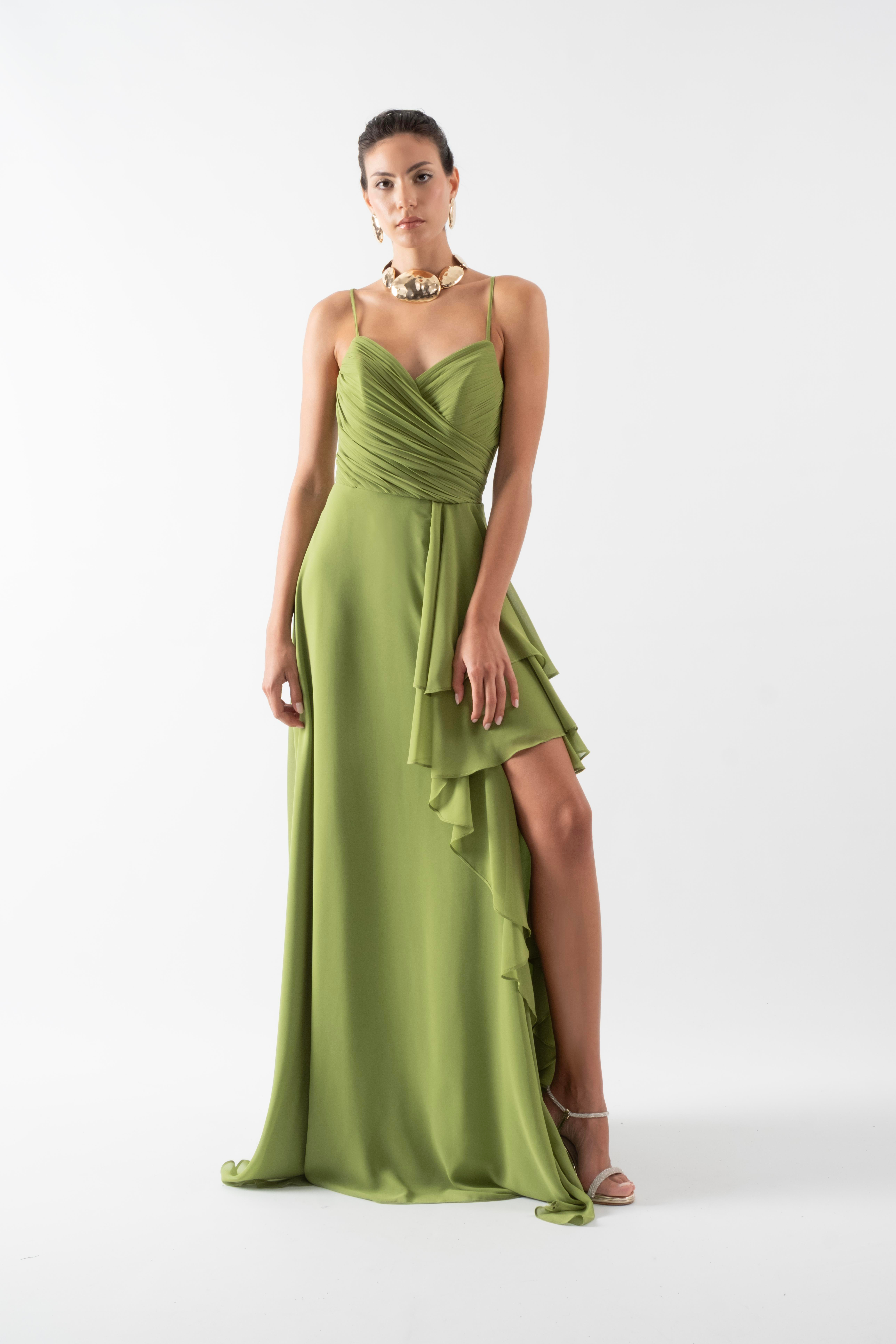 Recoing  Kuruvaze Drapeli İnce Askılı Yanı Volanlı Yırtmaçlı Uzun Abiye Elbise YEŞİL