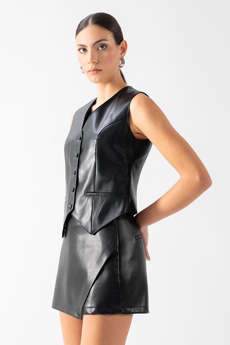 Redgrave V Yaka Kulplu Deri yelek SİYAH