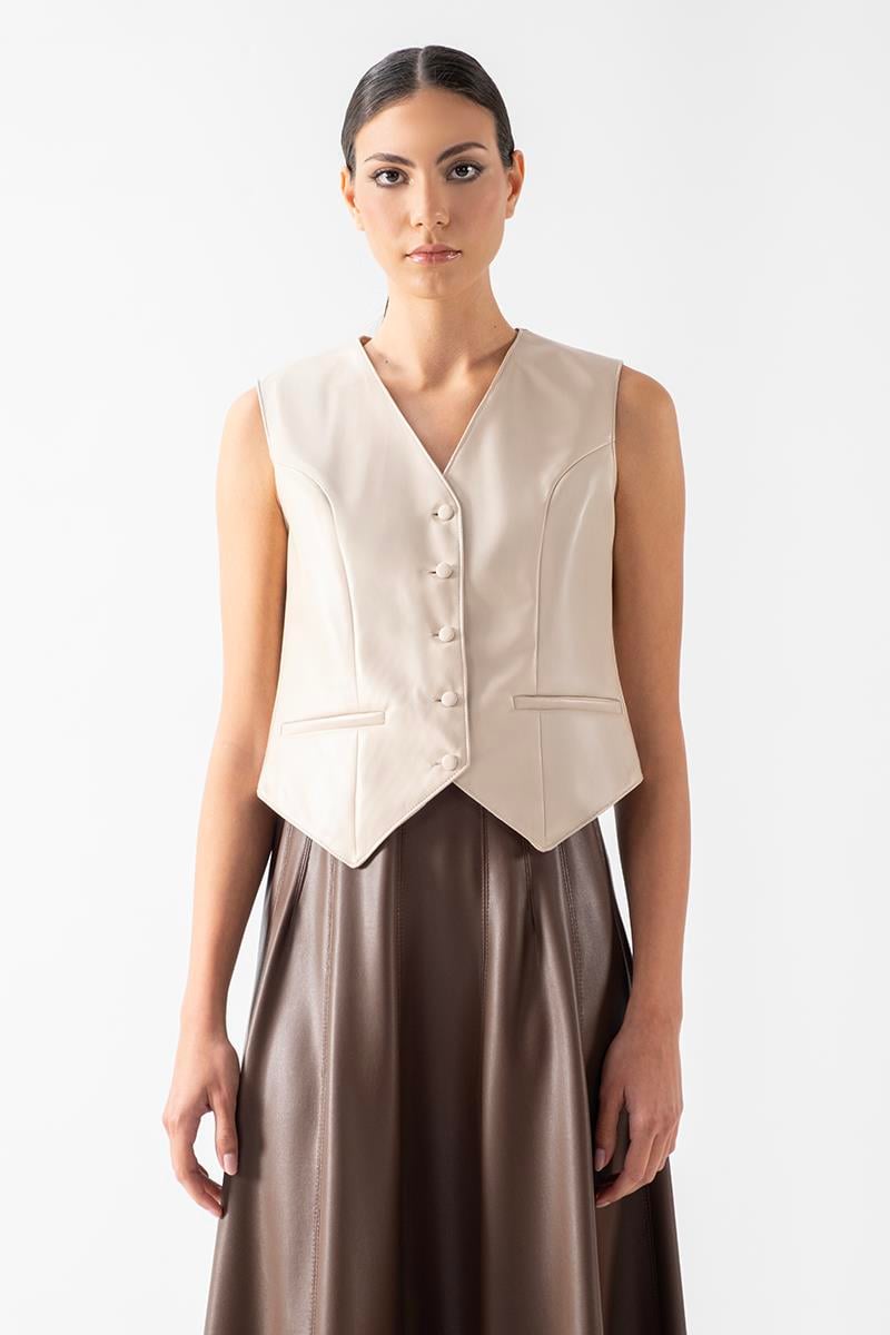 Redgrave V Yaka Kulplu Deri yelek TAŞ