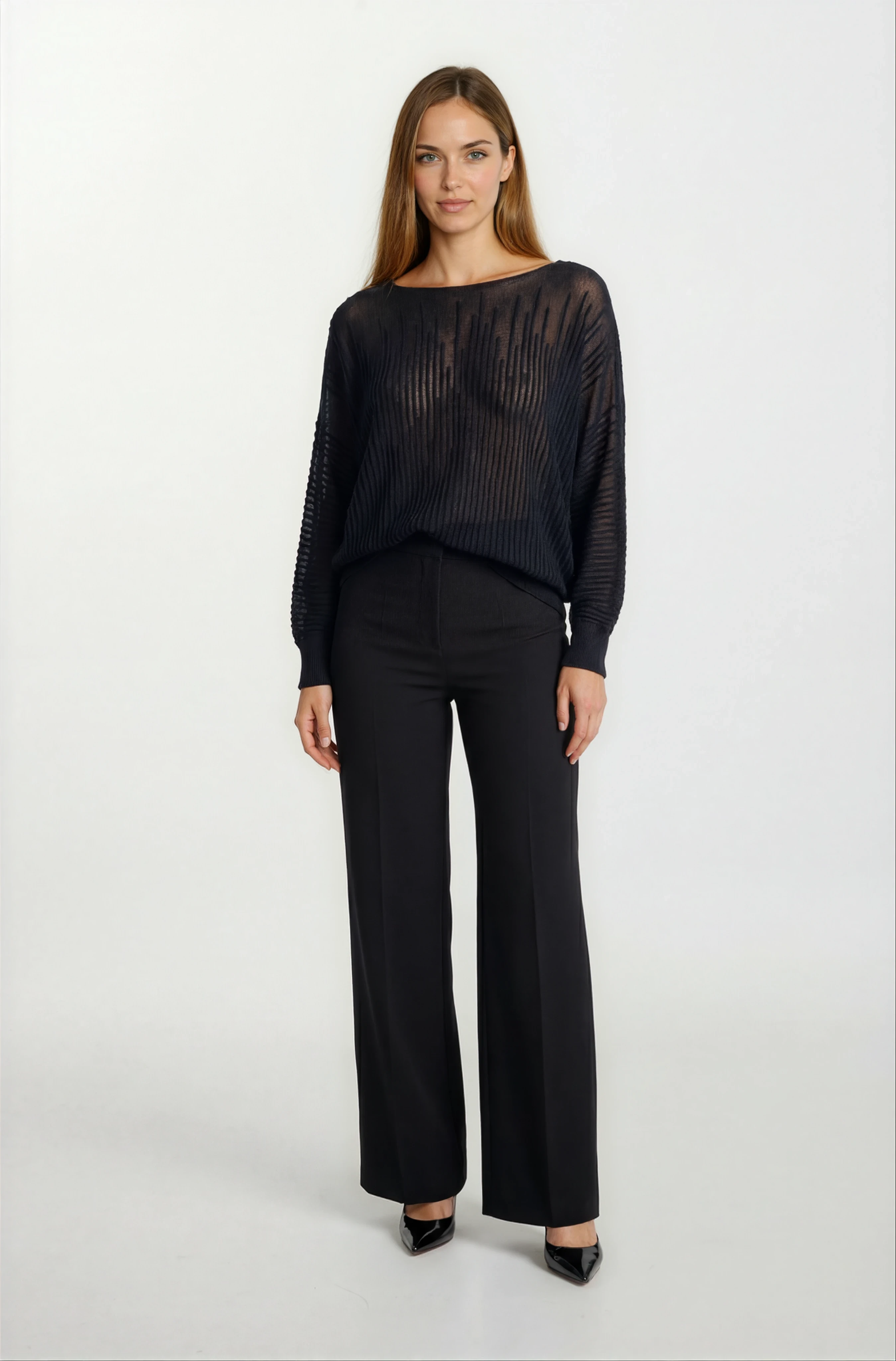 Riehle Kayık Yaka Trasparan Yarasa Kol Triko SİYAH