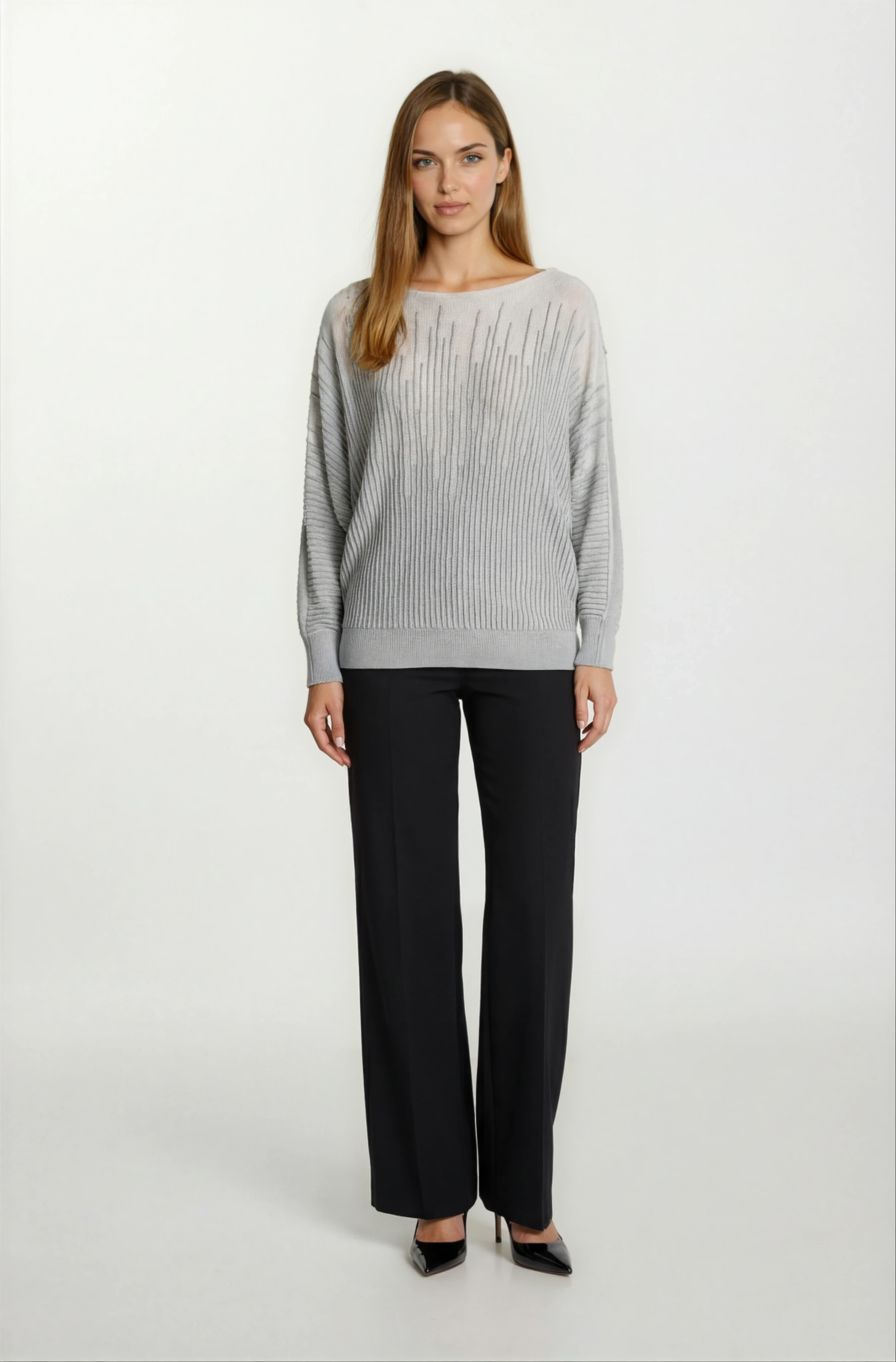 Riehle Kayık Yaka Trasparan Yarasa Kol Triko GRİ