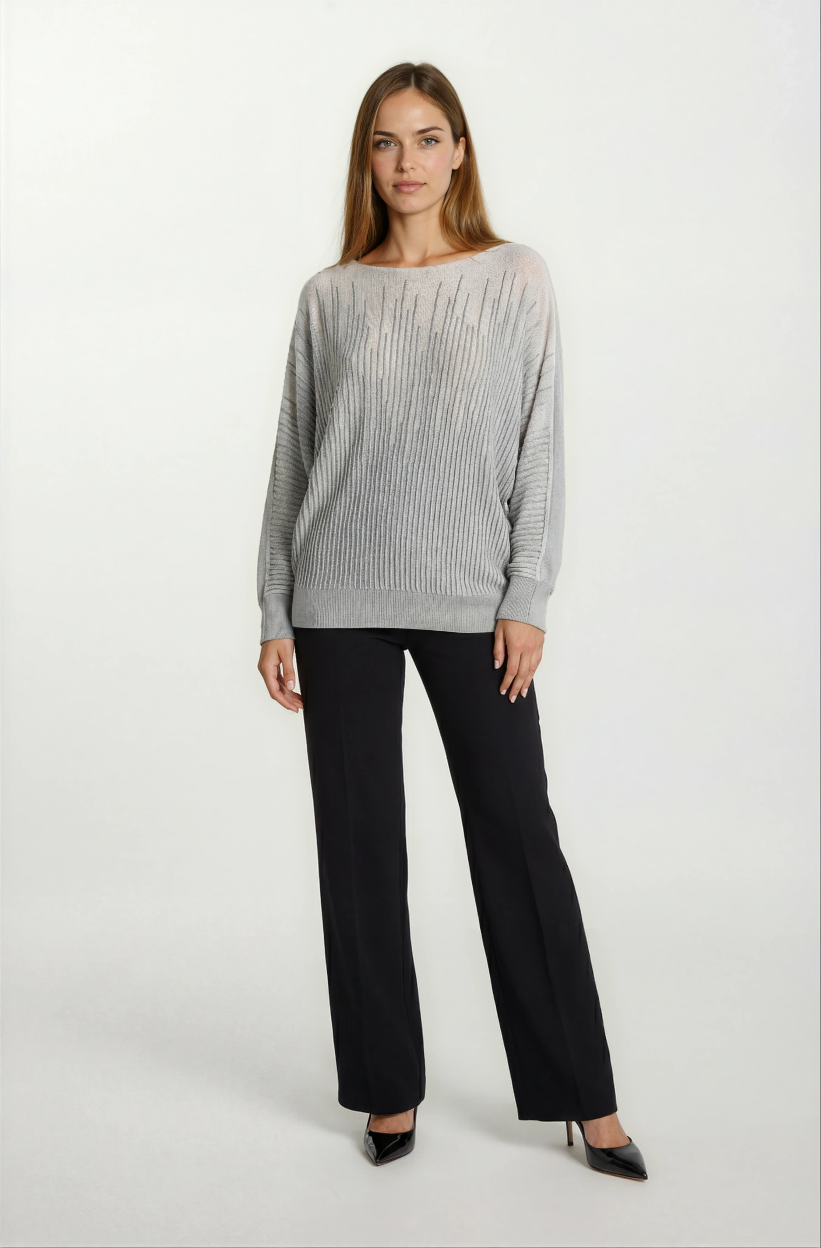 Riehle Kayık Yaka Trasparan Yarasa Kol Triko GRİ