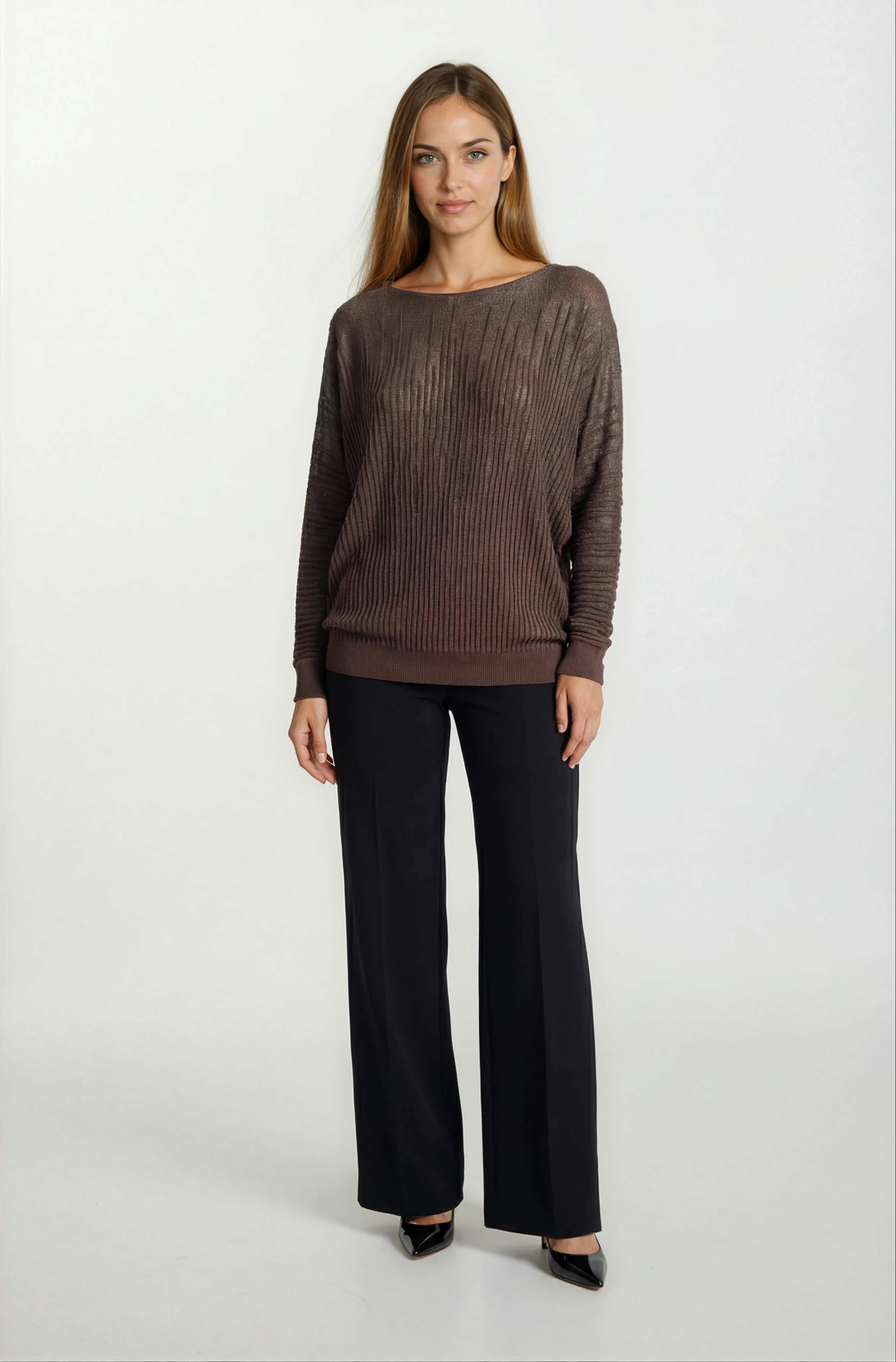 Riehle Kayık Yaka Trasparan Yarasa Kol Triko KAHVE