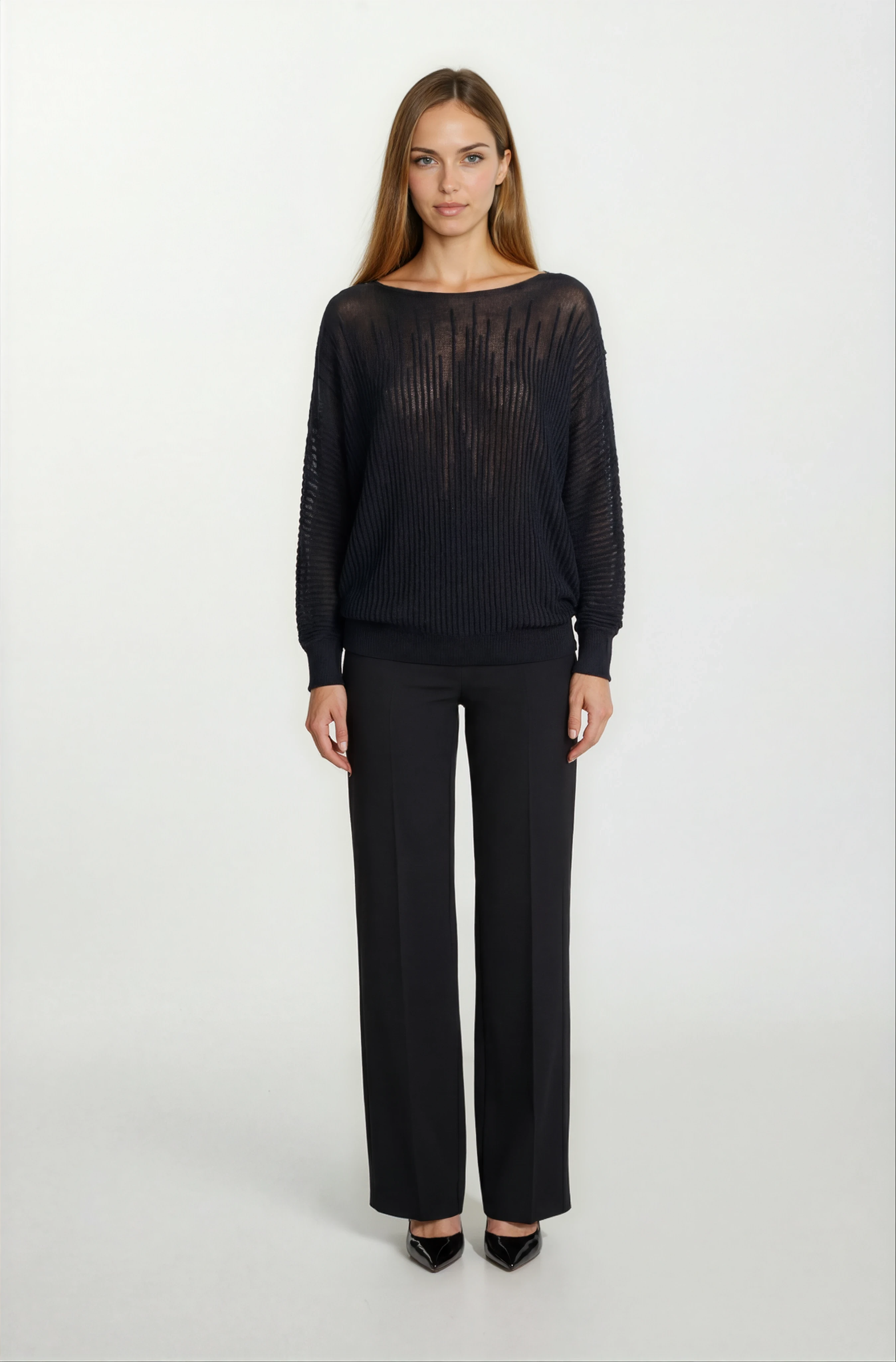 Riehle Kayık Yaka Trasparan Yarasa Kol Triko SİYAH