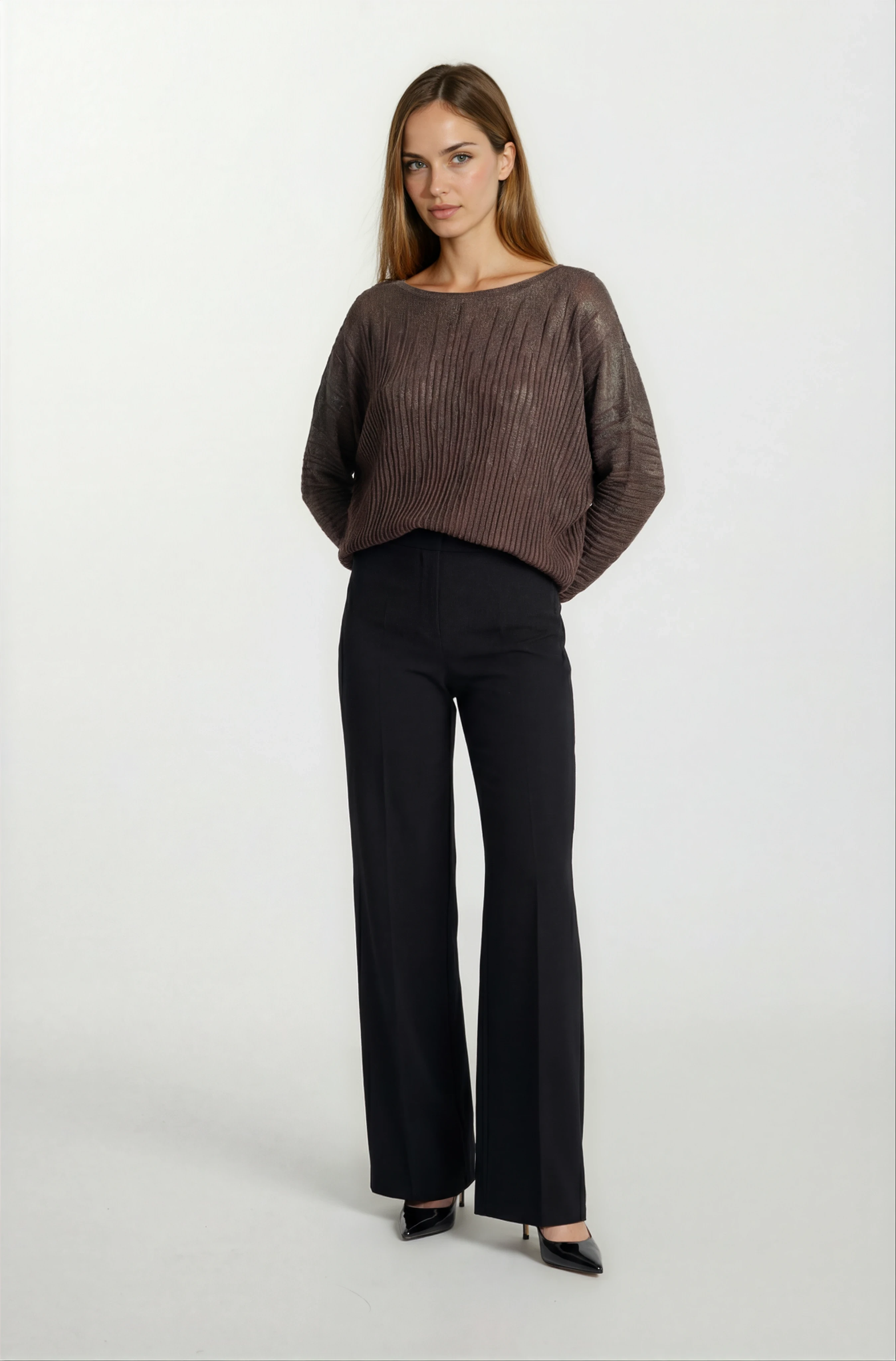 Riehle Kayık Yaka Trasparan Yarasa Kol Triko KAHVE