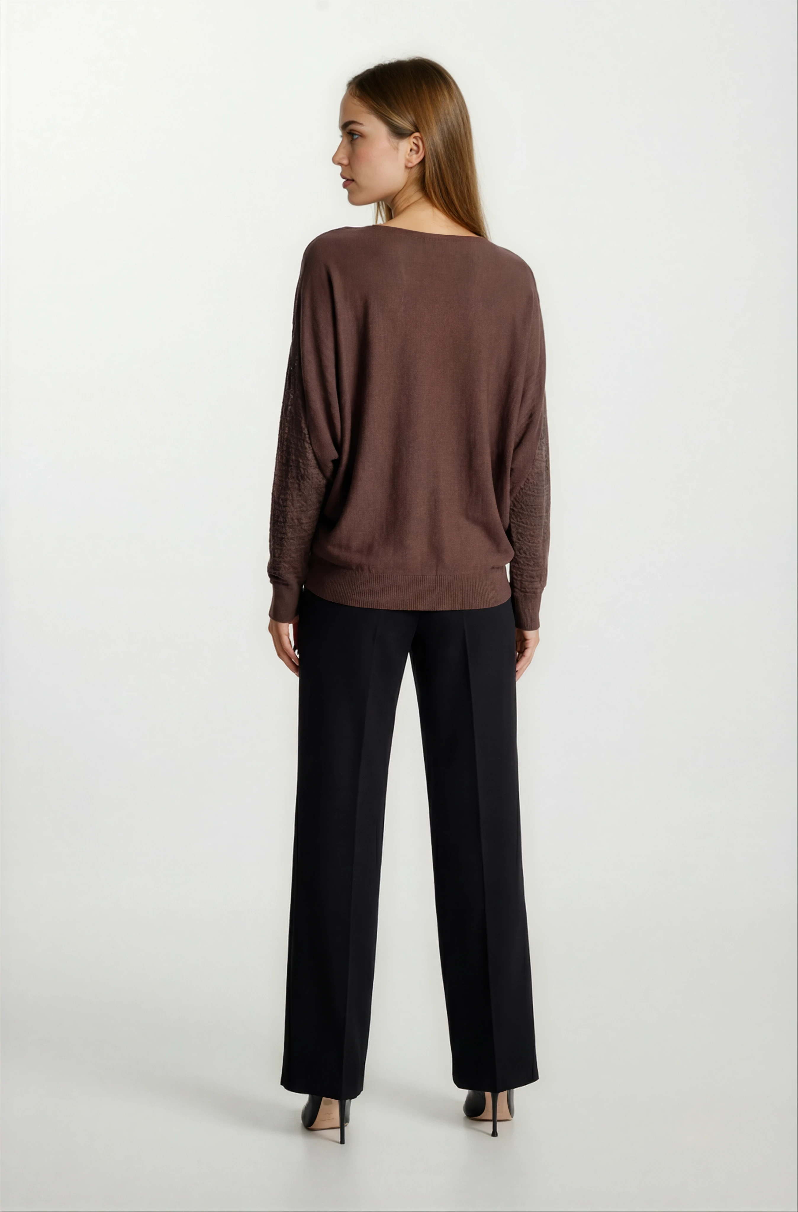 Riehle Kayık Yaka Trasparan Yarasa Kol Triko KAHVE