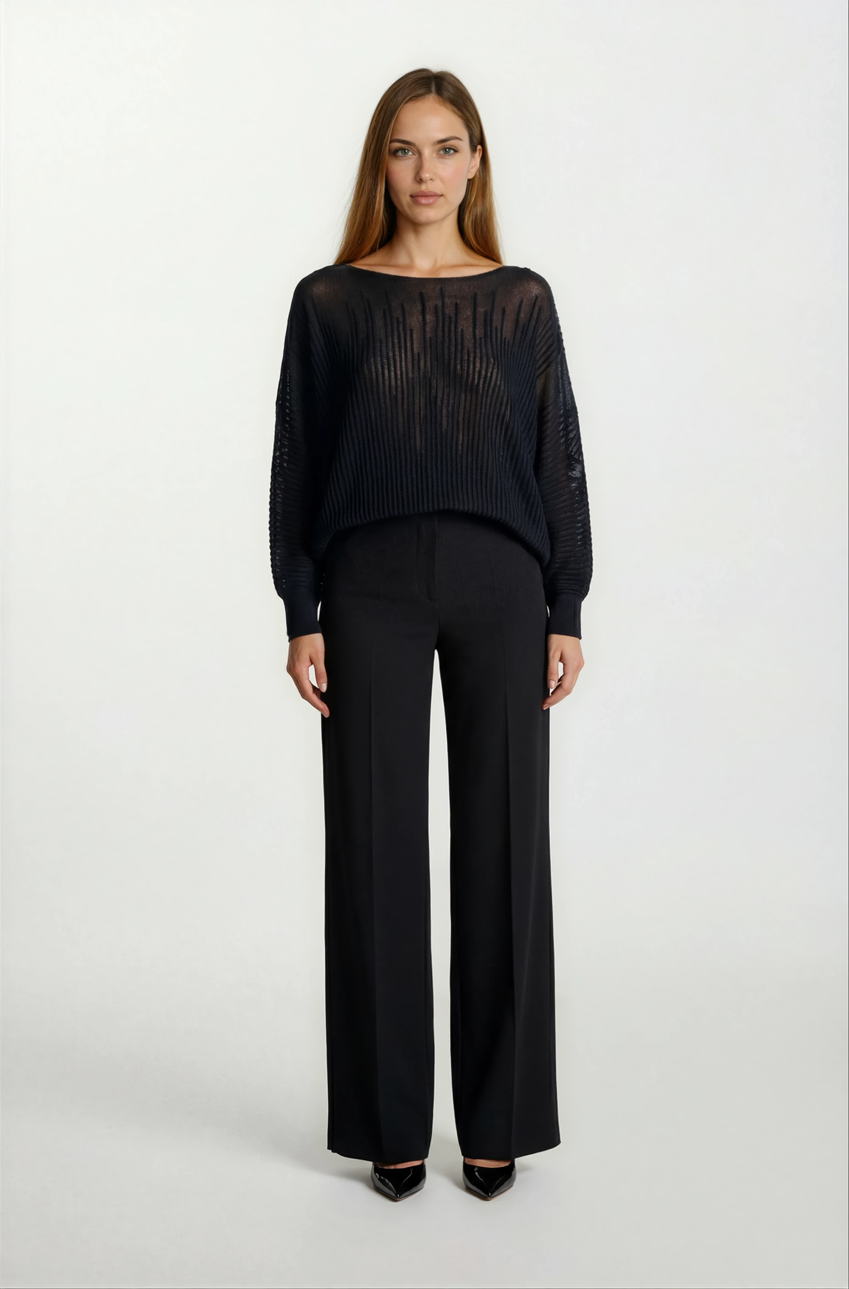 Riehle Kayık Yaka Trasparan Yarasa Kol Triko SİYAH