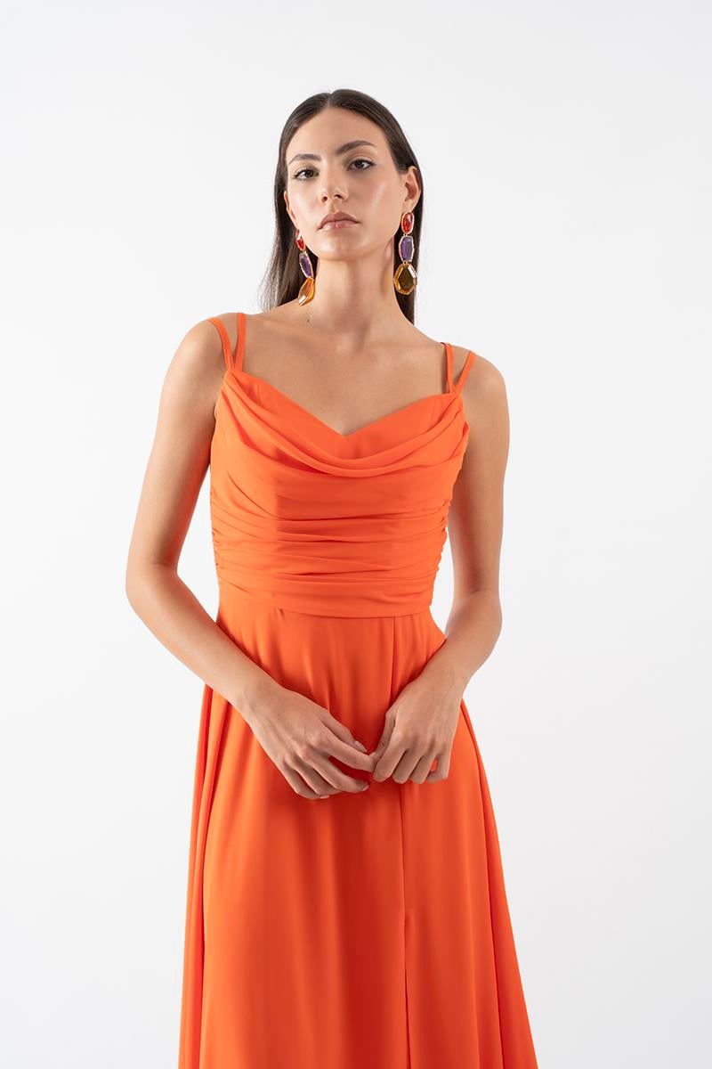 Riemelt Degaje Yaka Askılı Şırt Çarpraz Bağcıklı Midi Abiye Elbise ORANJ