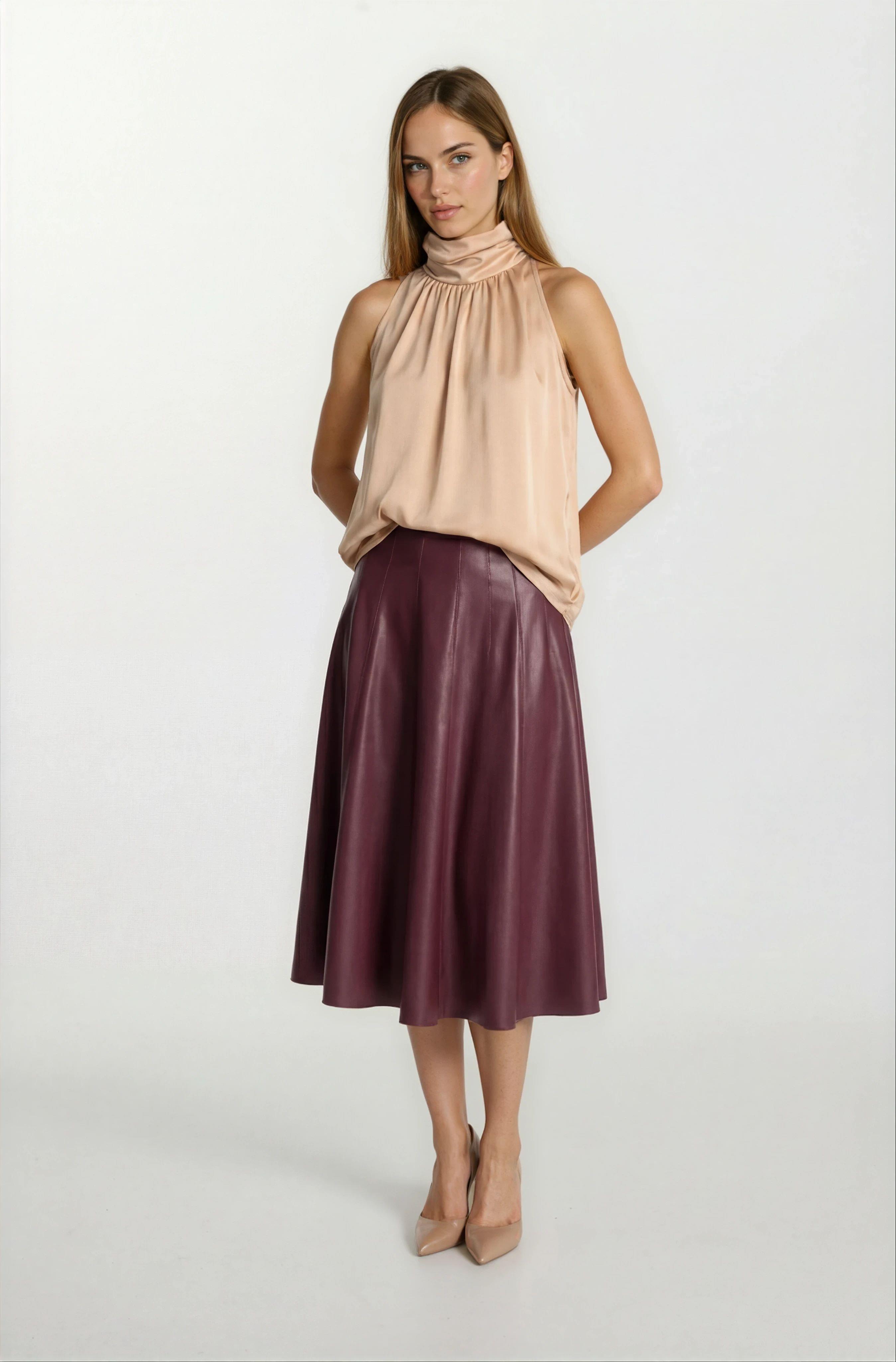 Rinuccia Altı Parça Kloş Deri Etek BORDO