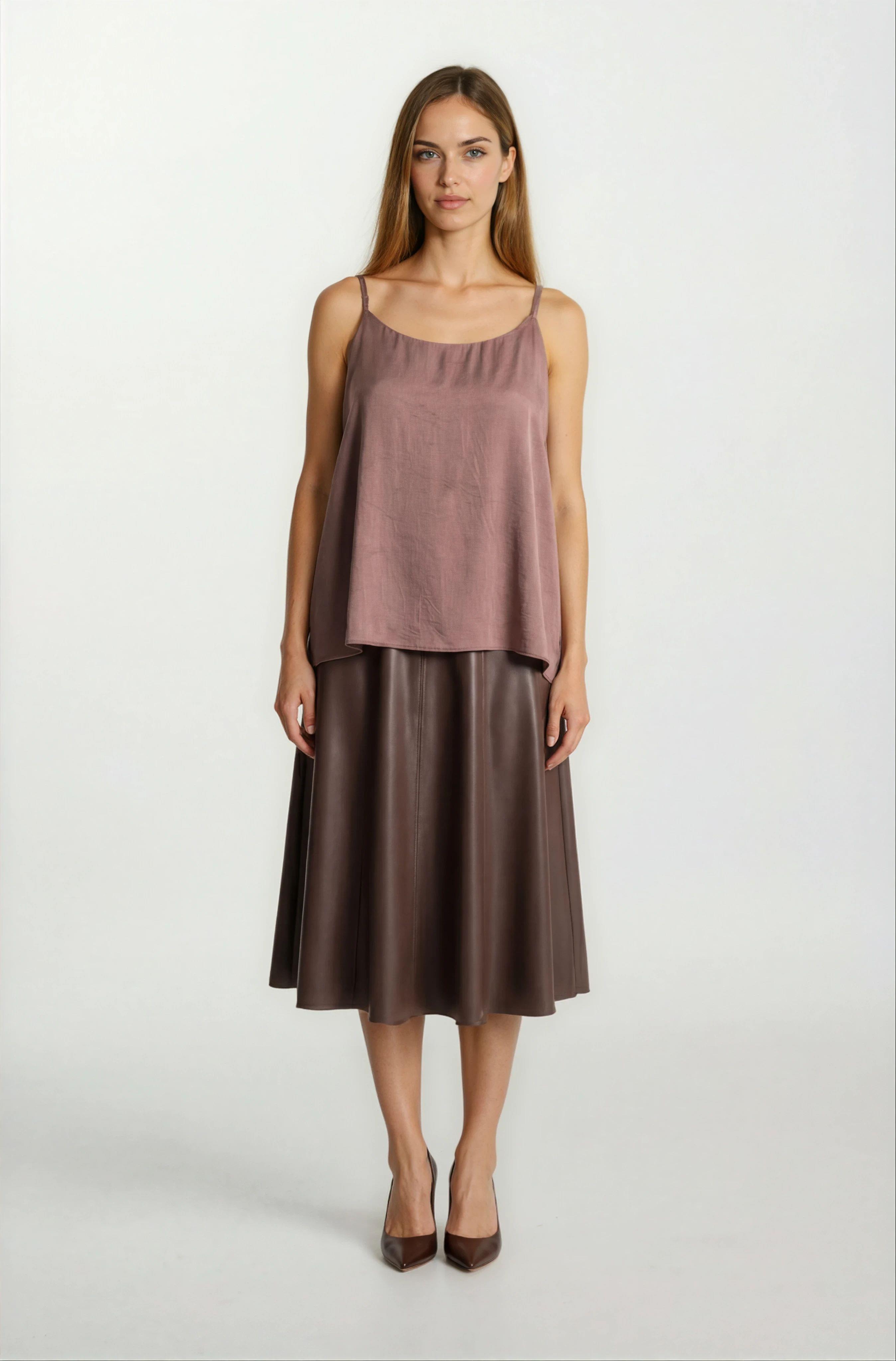 Rinuccia Altı Parça Kloş Deri Etek KAHVE