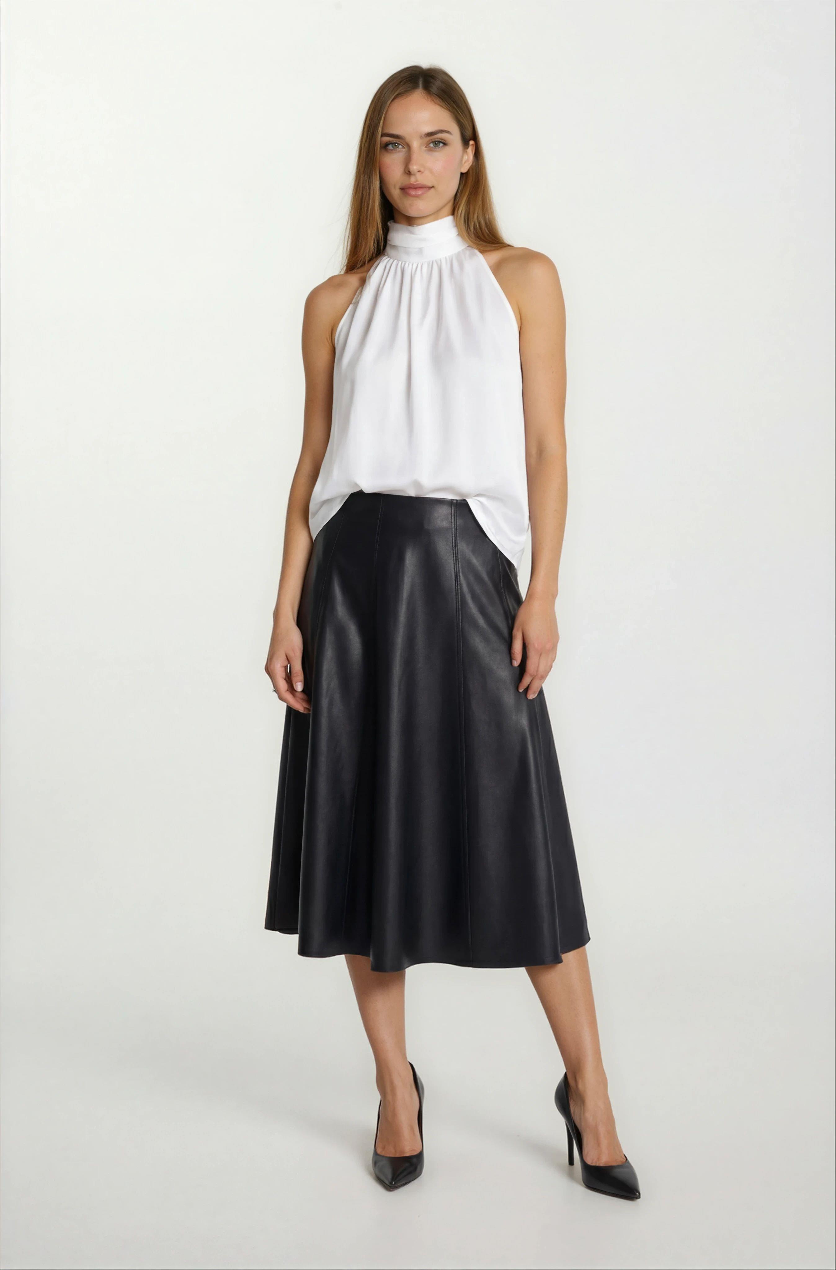 Rinuccia Altı Parça Kloş Deri Etek SİYAH