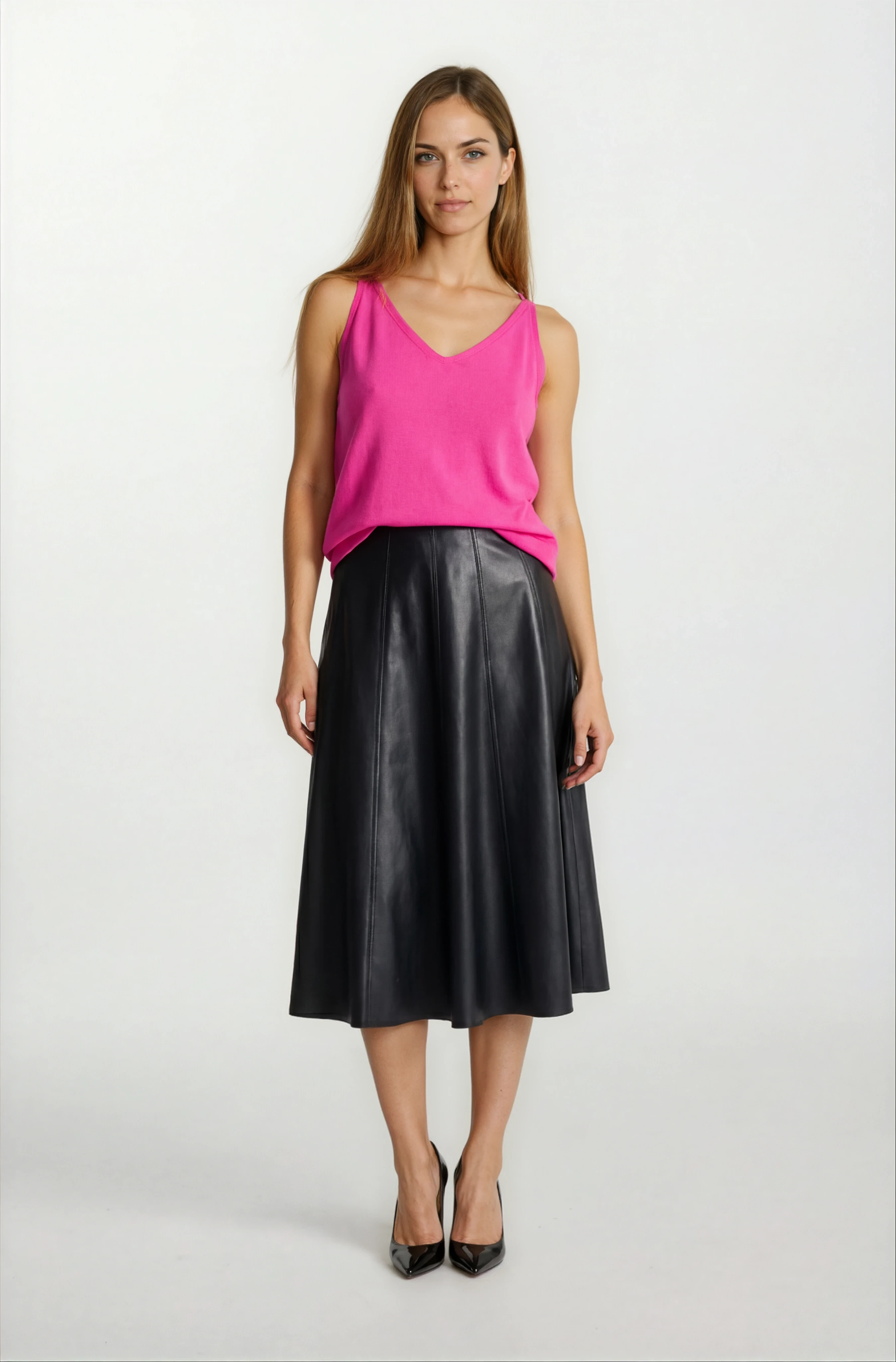 Rinuccia Altı Parça Kloş Deri Etek SİYAH