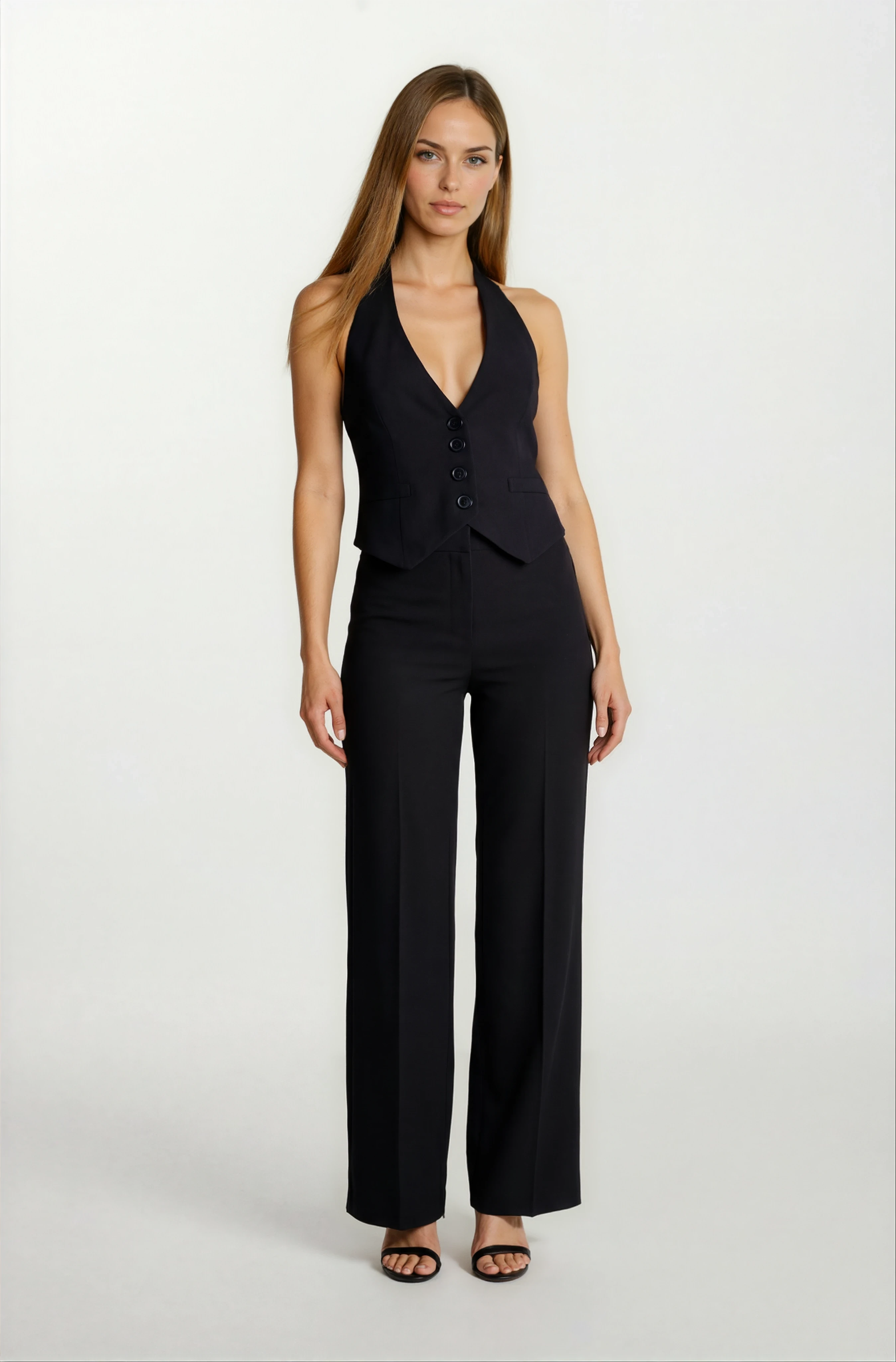 Riondino V Yaka Düğmeli Sırtı Açık Bluz SİYAH