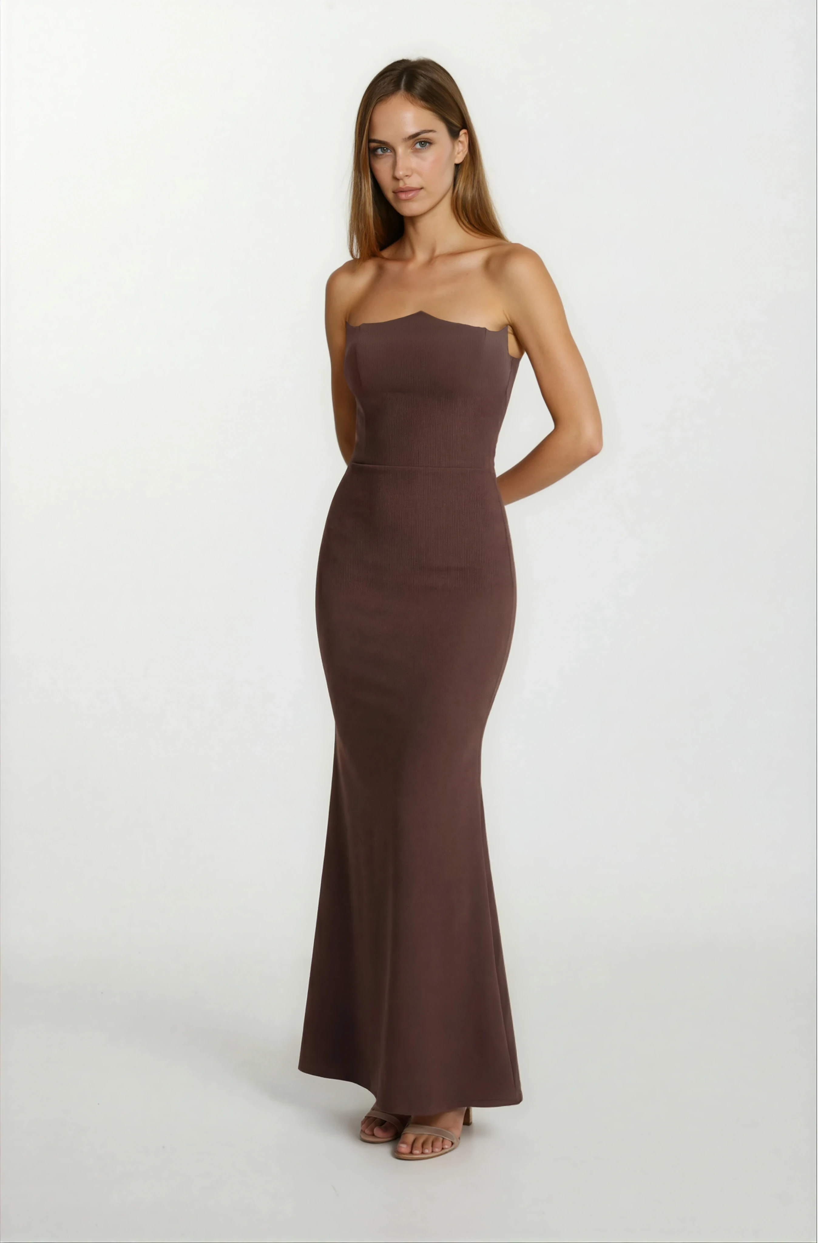 Romero Straplez Yaka Balık Uzun  Abiye Elbise KAHVE